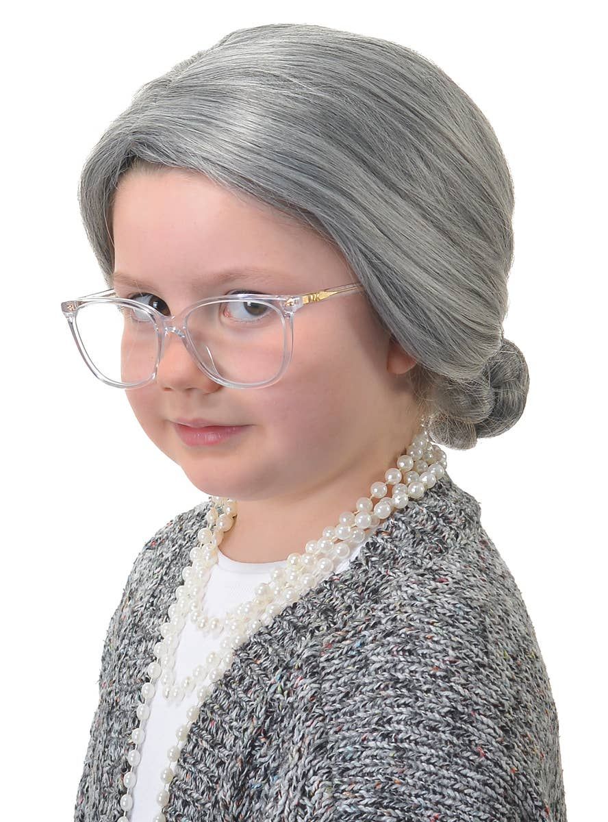Little Old Lady Girls Grey Bun Costume Wig - Image 1