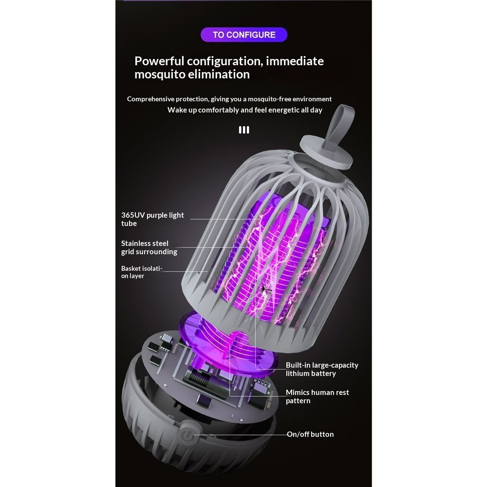 Indoor & Outdoor Rechargeable Fly Trap Mosquito Zapper with USB Power Supply, Powerful Electric Mosquito Trap Portable Dual-Function, Gray - Image 3