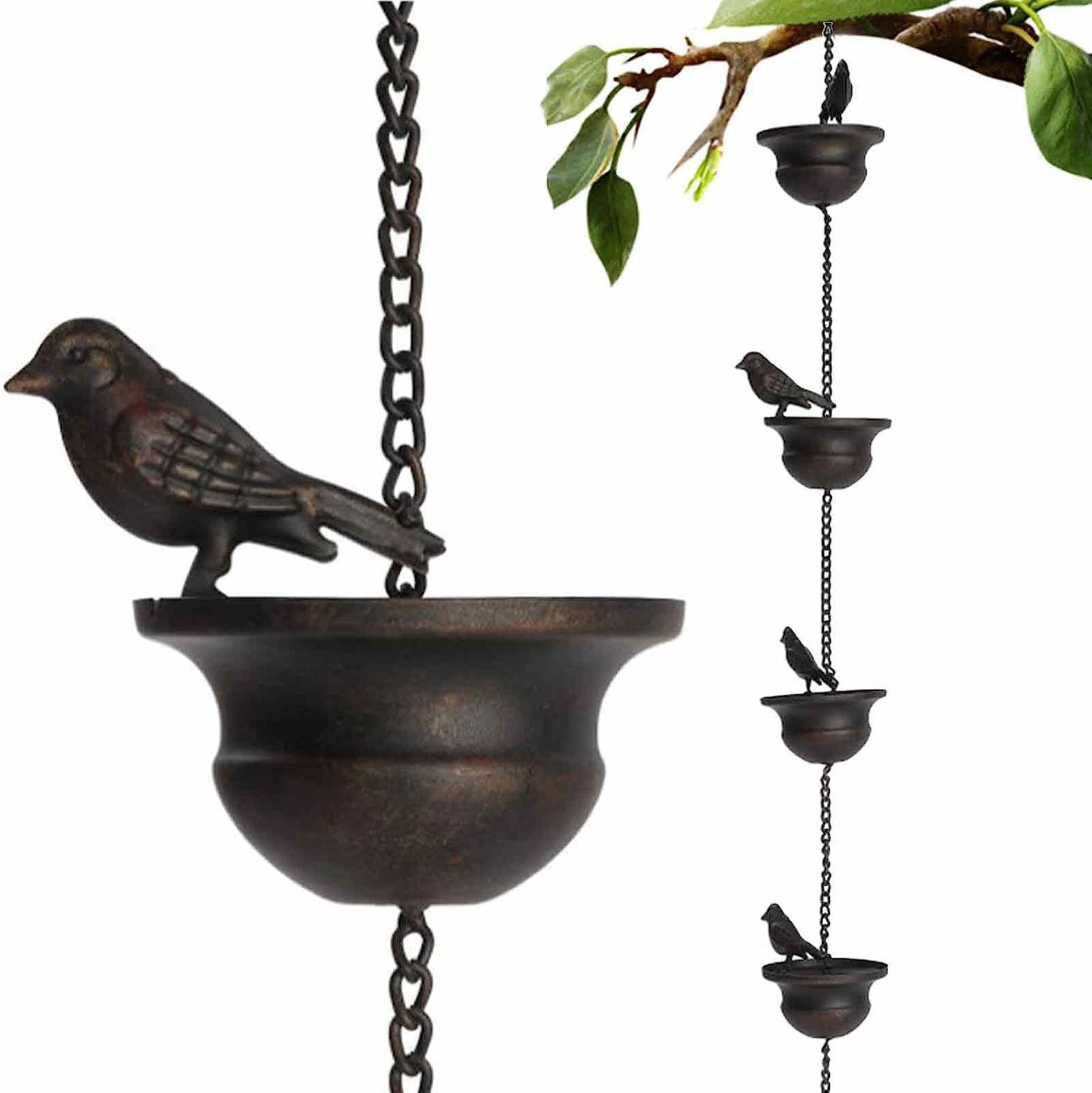 Mobile Birds Rain Chain for Gutters with Attached Hanger, Dark Bronze……Gutter Adapter, Perfect for Heavy Rain, Indoor/Outdoor Decoration - Image 1