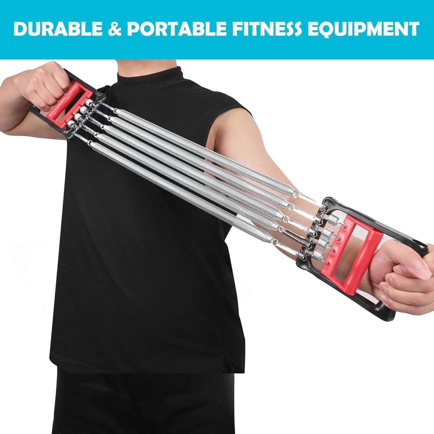 Chest Arm Expander, Adjustable Exercise Springs Resistance Bands for Men, Home Fitness Equipment with 5 Metal Spring for Home Gym Muscle Training Exerciser 1 PCS, Red Black - Image 4