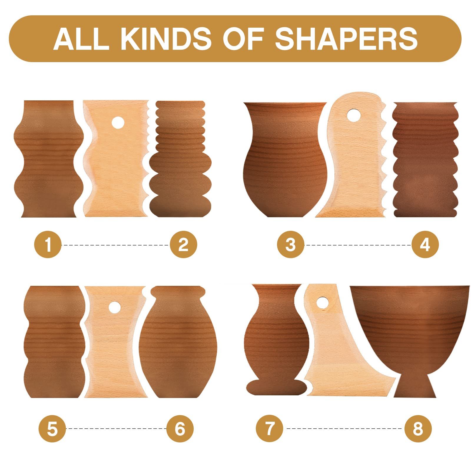 7 pcs Big Size Pottery Foot Shaper Tools Pottery Trimming Tools Ceramics Profile Rib Bundle Foot Shaper for for Carving Clay Molds Clay Ceramics, Beech Wood - Image 3