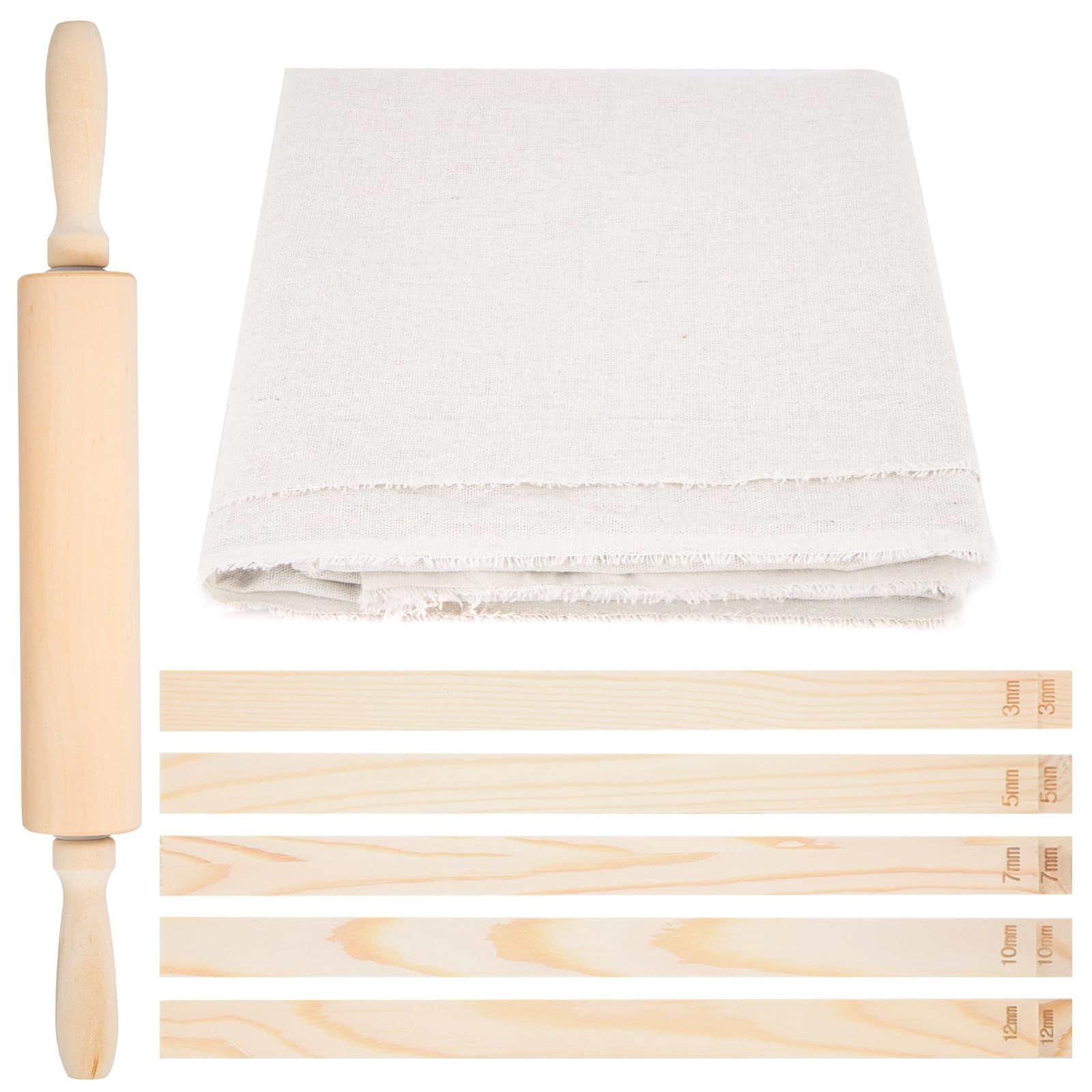 12 Pcs Pottery Tools Include 1 Wood Rolling Pin Sculpting Polymer Clay Tools 1 Portable Pottery Wedging Board/Linen Tablecloth and 10 Pcs 5 Size Teaching Rolling Mud Stick Guide (Tablecloth) - Image 1