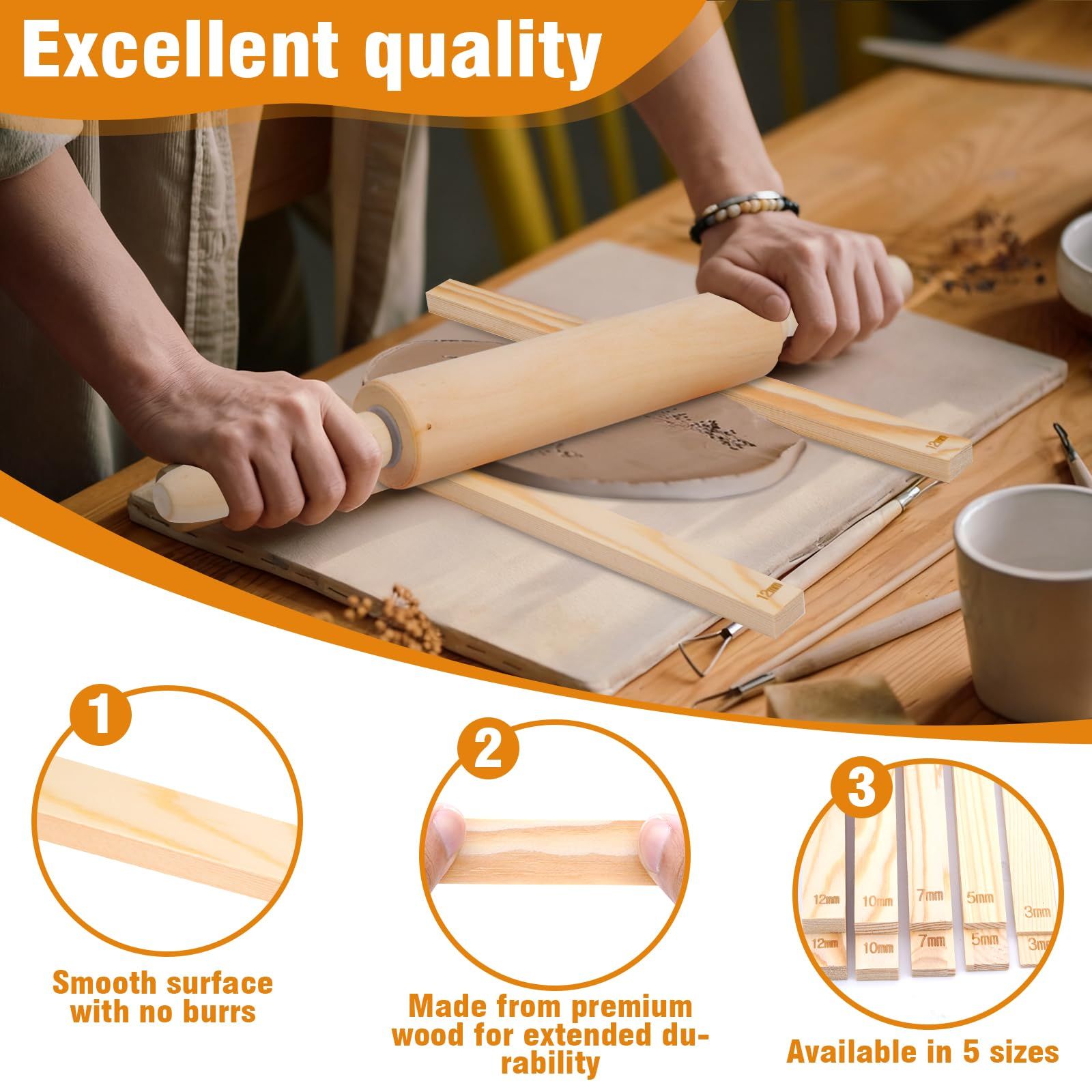 12 Pcs Pottery Tools Include 1 Wood Rolling Pin Sculpting Polymer Clay Tools 1 Portable Pottery Wedging Board/Linen Tablecloth and 10 Pcs 5 Size Teaching Rolling Mud Stick Guide (Tablecloth) - Image 2