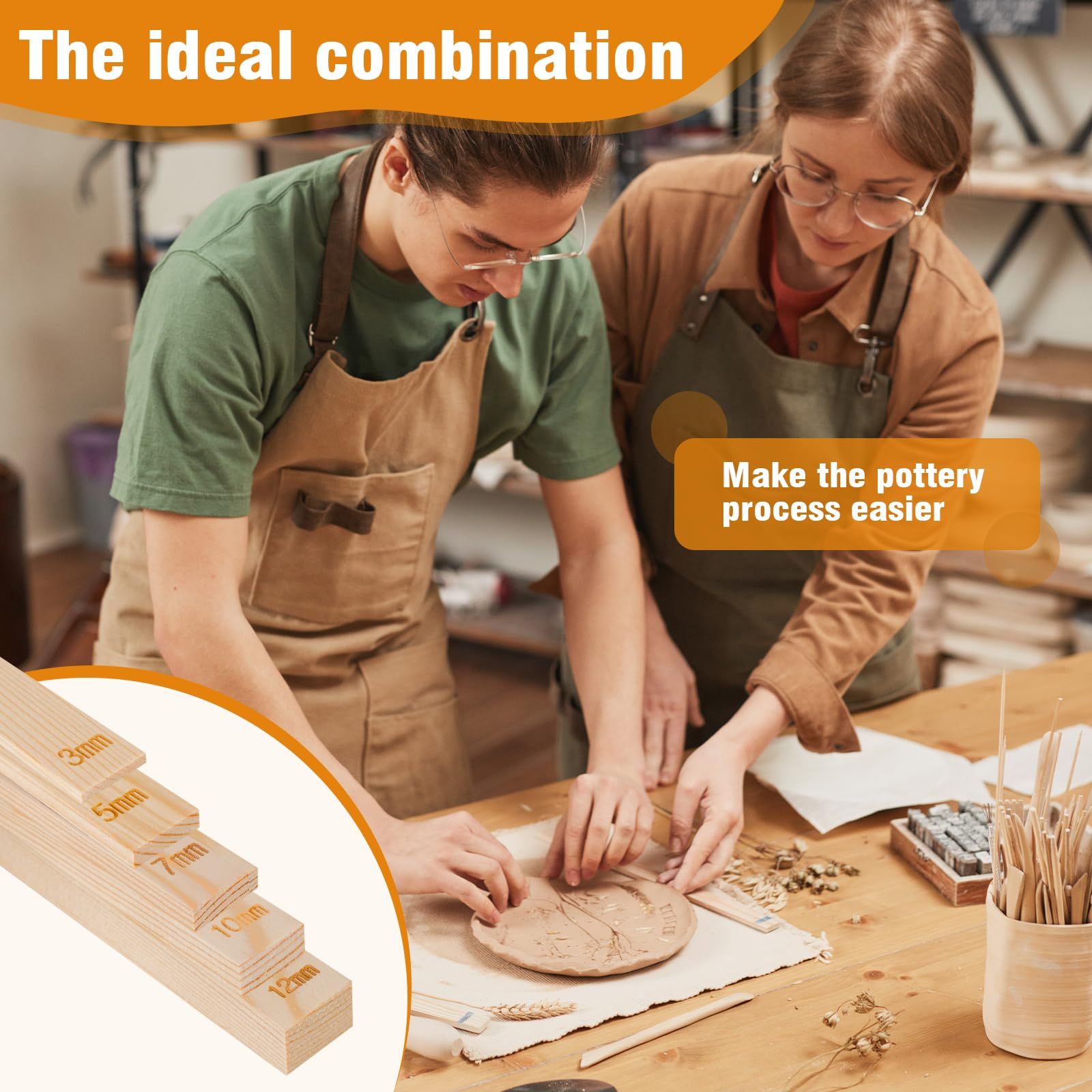 12 Pcs Pottery Tools Include 1 Wood Rolling Pin Sculpting Polymer Clay Tools 1 Portable Pottery Wedging Board/Linen Tablecloth and 10 Pcs 5 Size Teaching Rolling Mud Stick Guide (Tablecloth) - Image 3