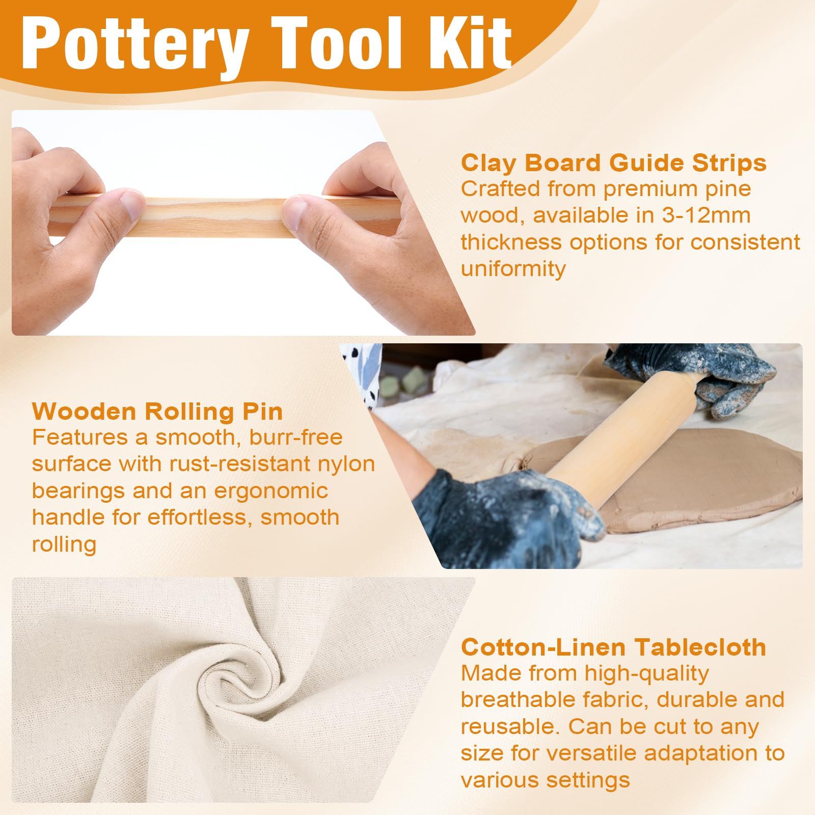 12 Pcs Pottery Tools Include 1 Wood Rolling Pin Sculpting Polymer Clay Tools 1 Portable Pottery Wedging Board/Linen Tablecloth and 10 Pcs 5 Size Teaching Rolling Mud Stick Guide (Tablecloth) - Image 4