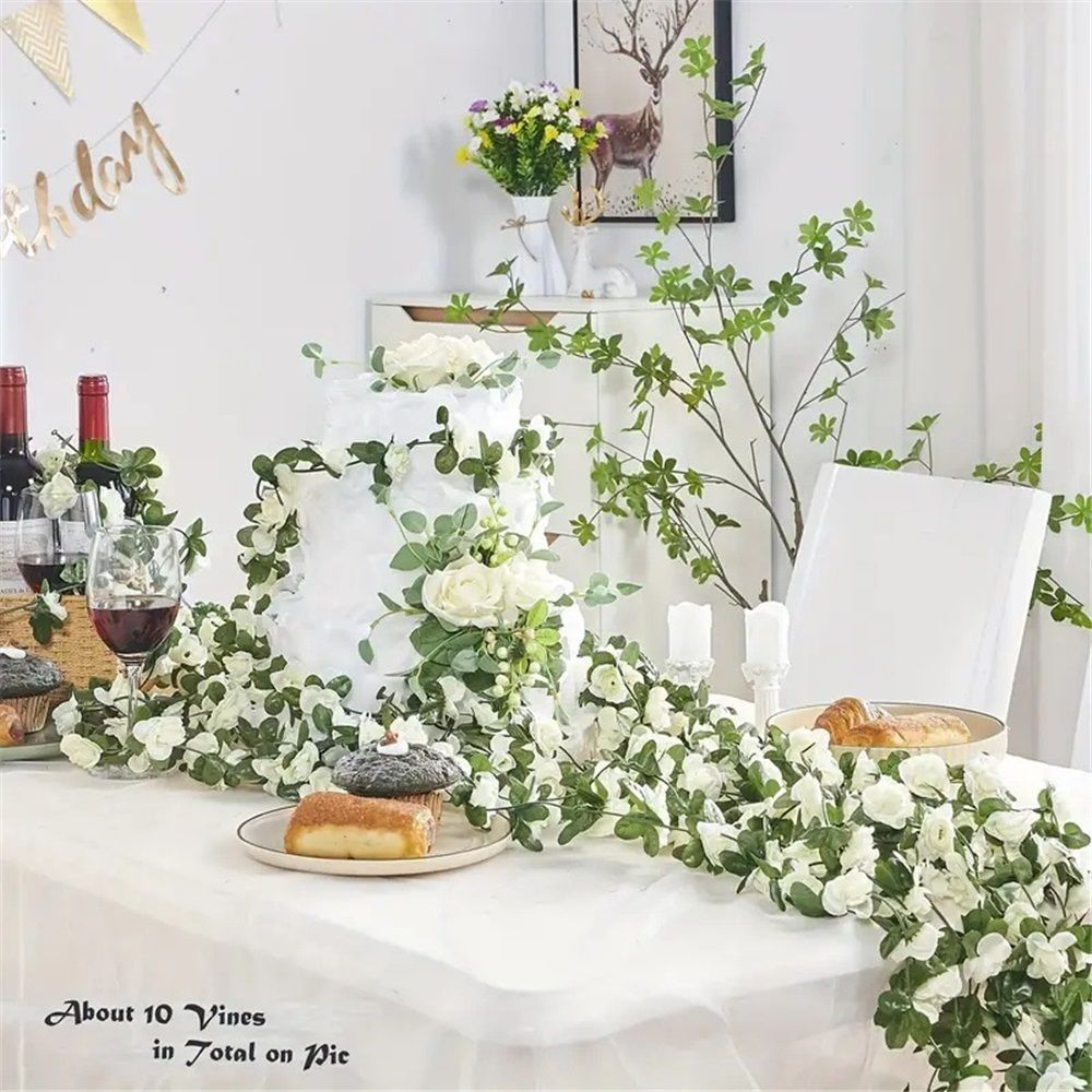 4Pcs Artificial Rose Vine Fake Flower Garland Fake Silk Rose Hanging Vine for Wedding Party Background Arch Garden Background Decoration (White) - Image 2