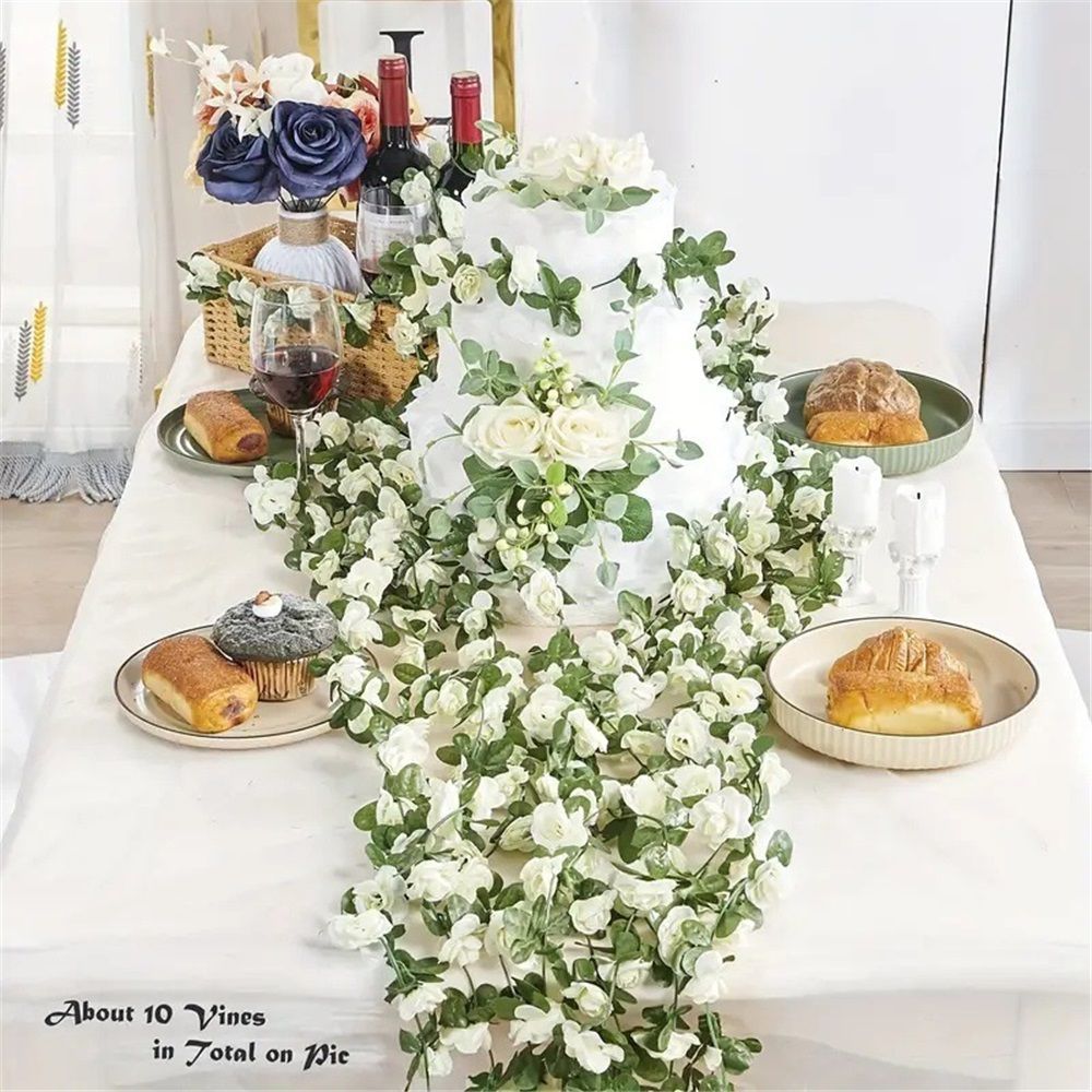 4Pcs Artificial Rose Vine Fake Flower Garland Fake Silk Rose Hanging Vine for Wedding Party Background Arch Garden Background Decoration (White) - Image 4