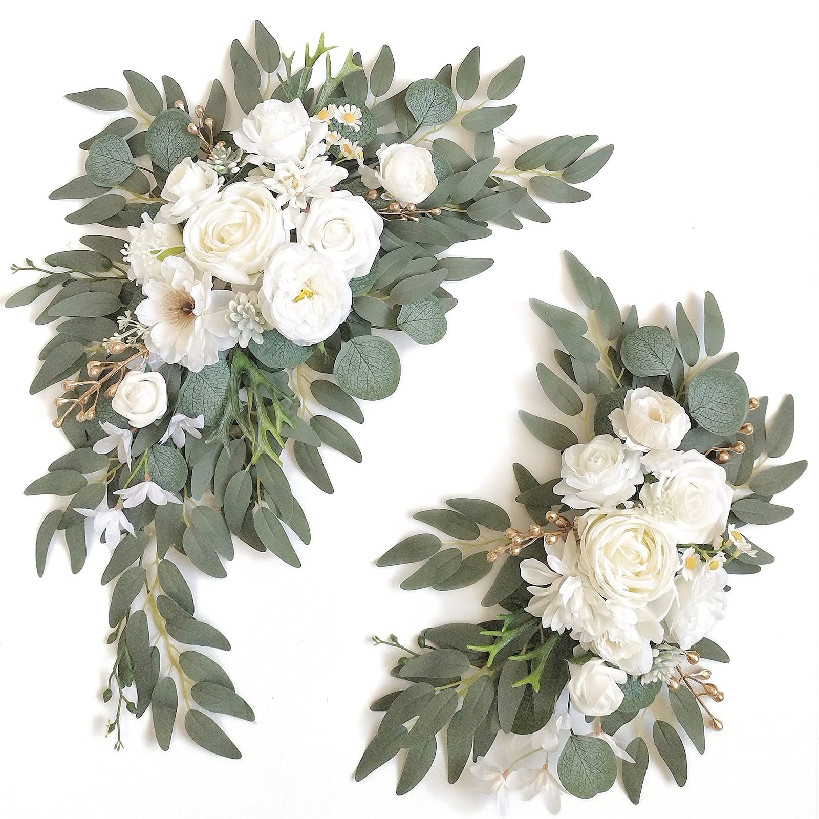 Faux Arch Flower Swag Set of 2 for Wedding Welcome Signs Floral Swag Wedding Reception Ceremony Signs Decor (White) - Image 1