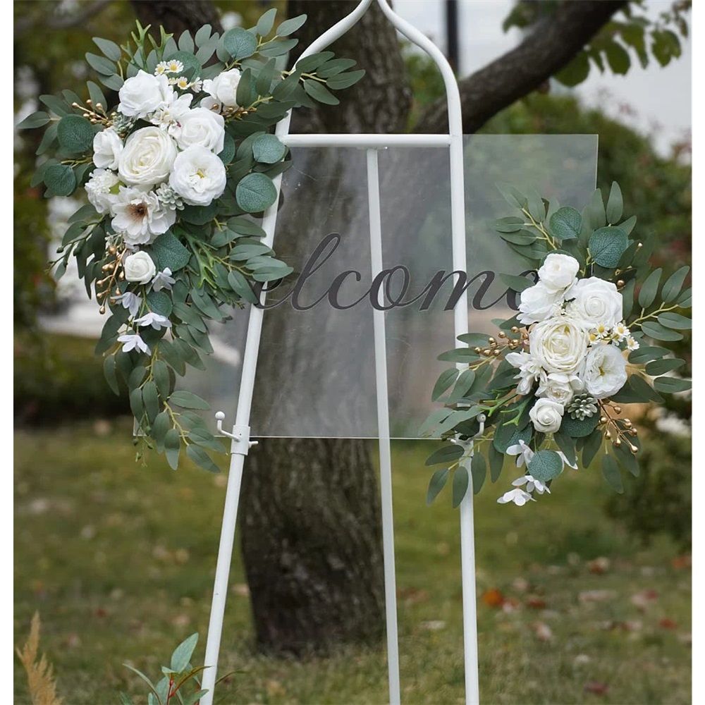 Faux Arch Flower Swag Set of 2 for Wedding Welcome Signs Floral Swag Wedding Reception Ceremony Signs Decor (White) - Image 2