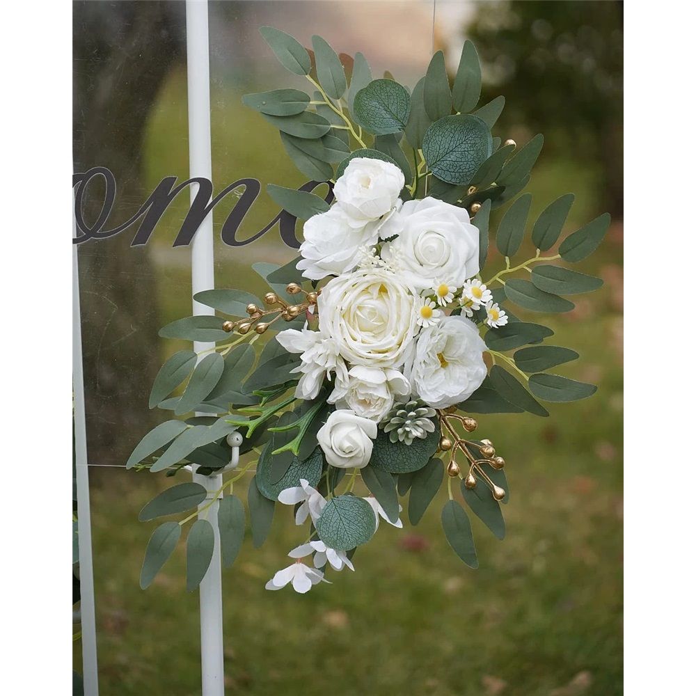 Faux Arch Flower Swag Set of 2 for Wedding Welcome Signs Floral Swag Wedding Reception Ceremony Signs Decor (White) - Image 3