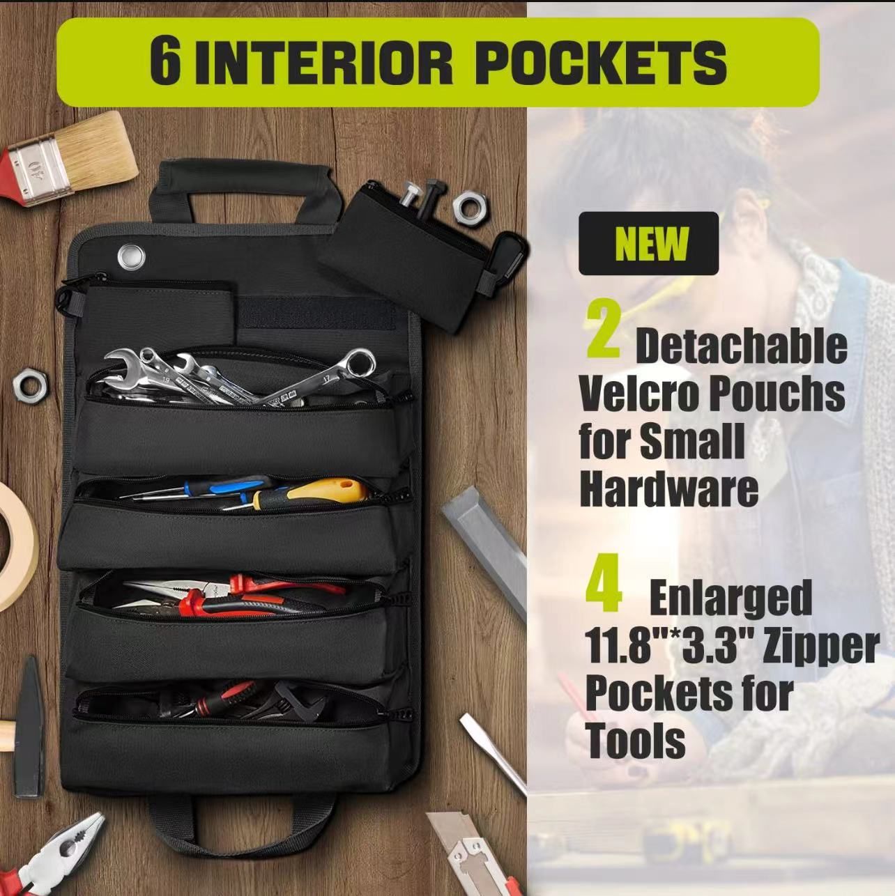 Heavy Duty Roll Up Tool Bag,Thickened Oxford Fabric, Puncture Resistant for Electricians, Carpentry, DIY, Car Repair, Multi-Color(Black) - Image 4
