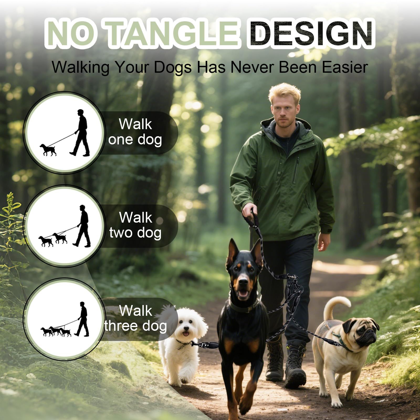 No Tangle 3 Dog  - Main Lead Rope with Padded Handle, Three Detachable Leash Splitters, Heavy-Duty Clip,  Walking, Running, Small, Medium, Large Dogs (Black) - Image 3