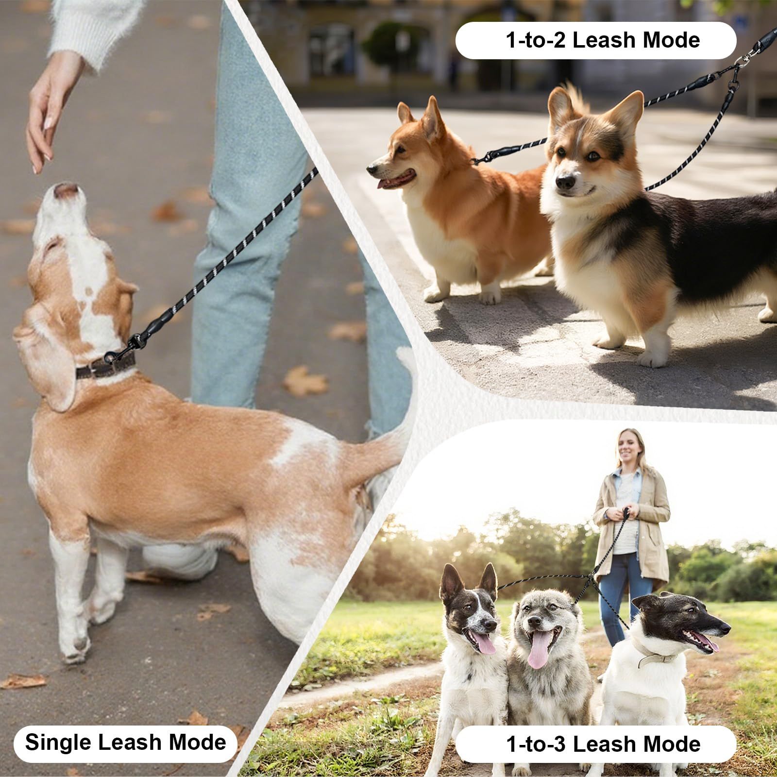 No Tangle 3 Dog  - Main Lead Rope with Padded Handle, Three Detachable Leash Splitters, Heavy-Duty Clip,  Walking, Running, Small, Medium, Large Dogs (Black) - Image 4