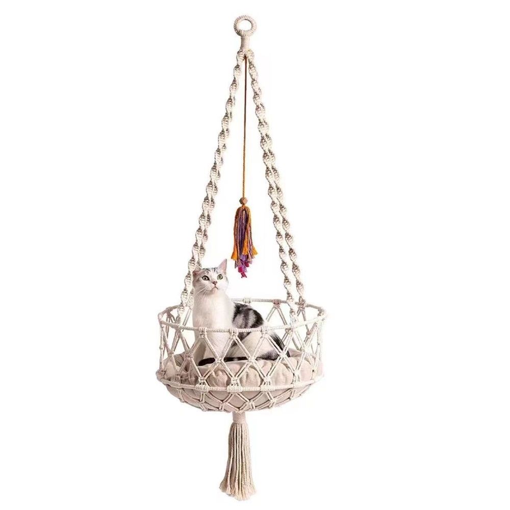 Cat Hammock with Cushion,Hanging Indoor Boho Kitten Swing Beds for Playing Sleeping Climbing and Lounging(Bottom double circle plane)Excluding cushion - Image 1