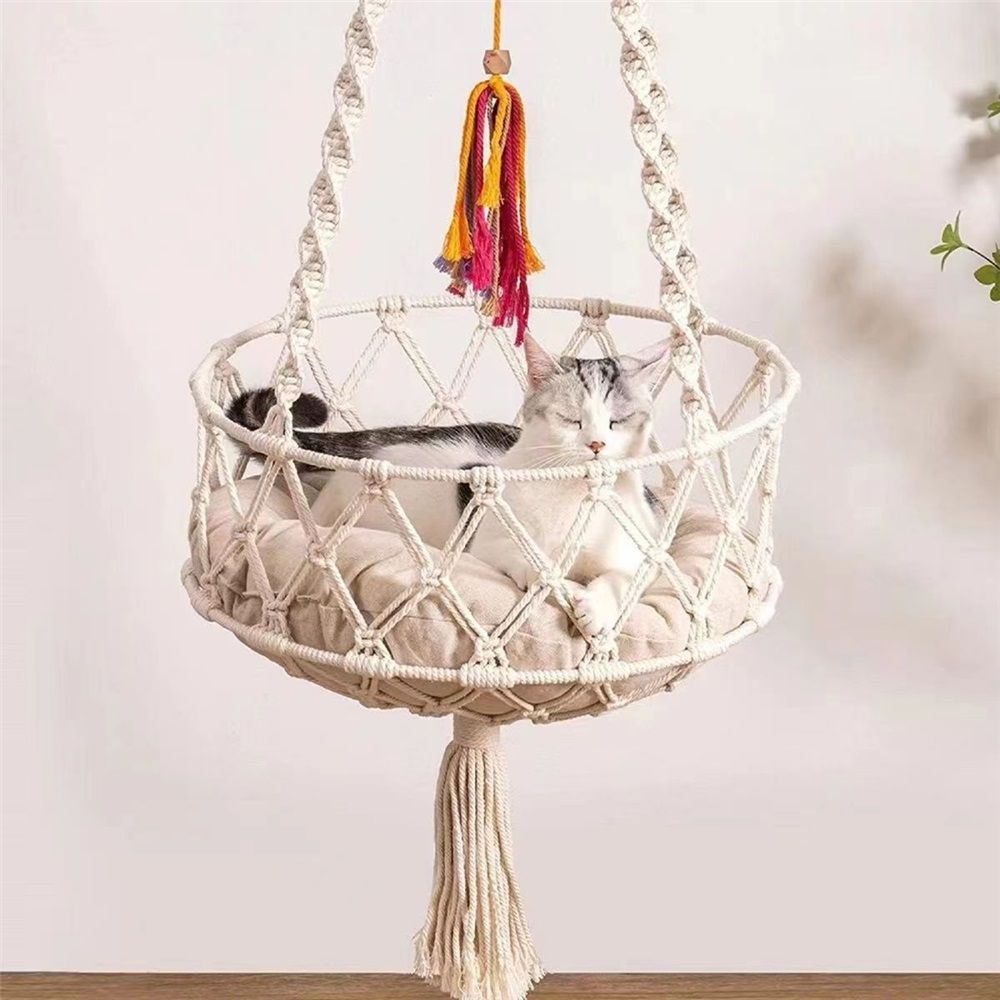 Cat Hammock with Cushion,Hanging Indoor Boho Kitten Swing Beds for Playing Sleeping Climbing and Lounging(Bottom double circle plane)Excluding cushion - Image 2