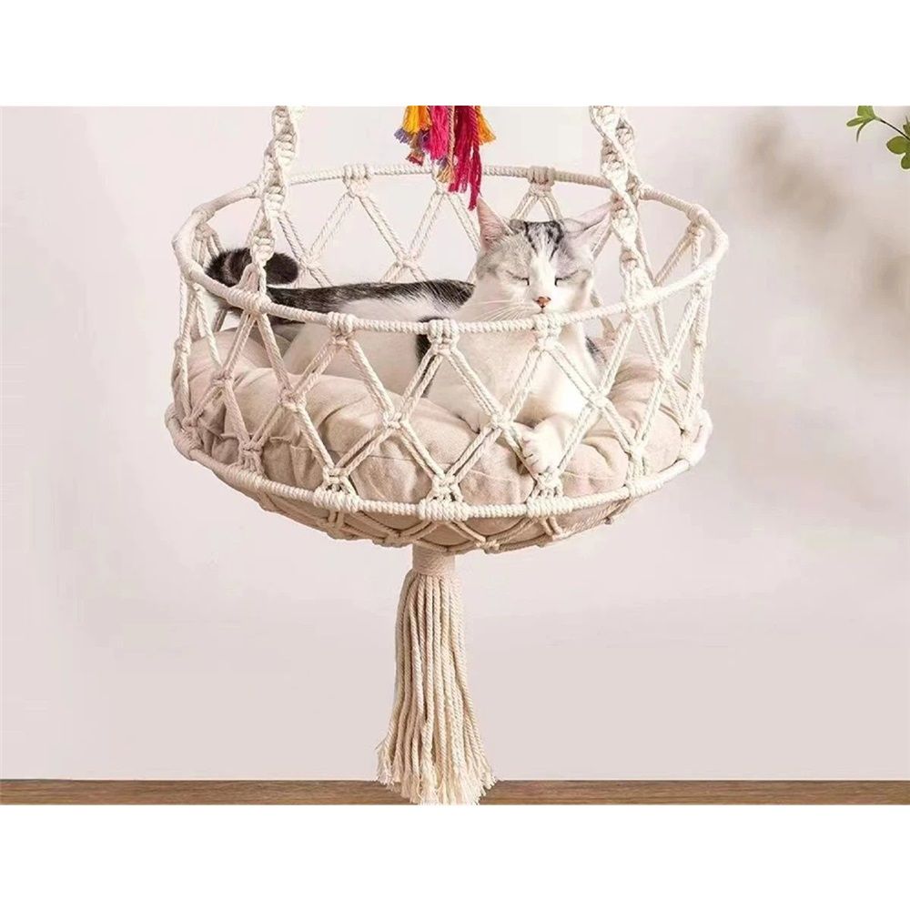 Cat Hammock with Cushion,Hanging Indoor Boho Kitten Swing Beds for Playing Sleeping Climbing and Lounging(Bottom double circle plane)Excluding cushion - Image 3