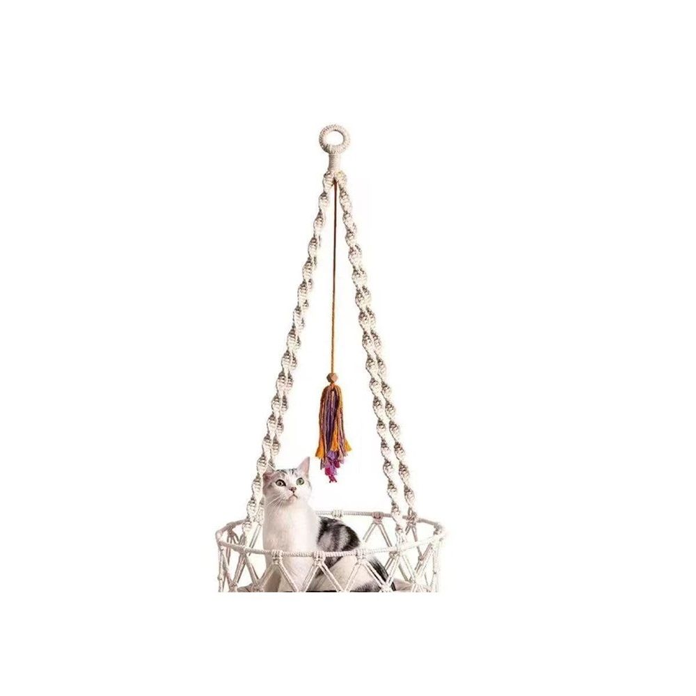 Cat Hammock with Cushion,Hanging Indoor Boho Kitten Swing Beds for Playing Sleeping Climbing and Lounging(Bottom double circle plane)Excluding cushion - Image 4