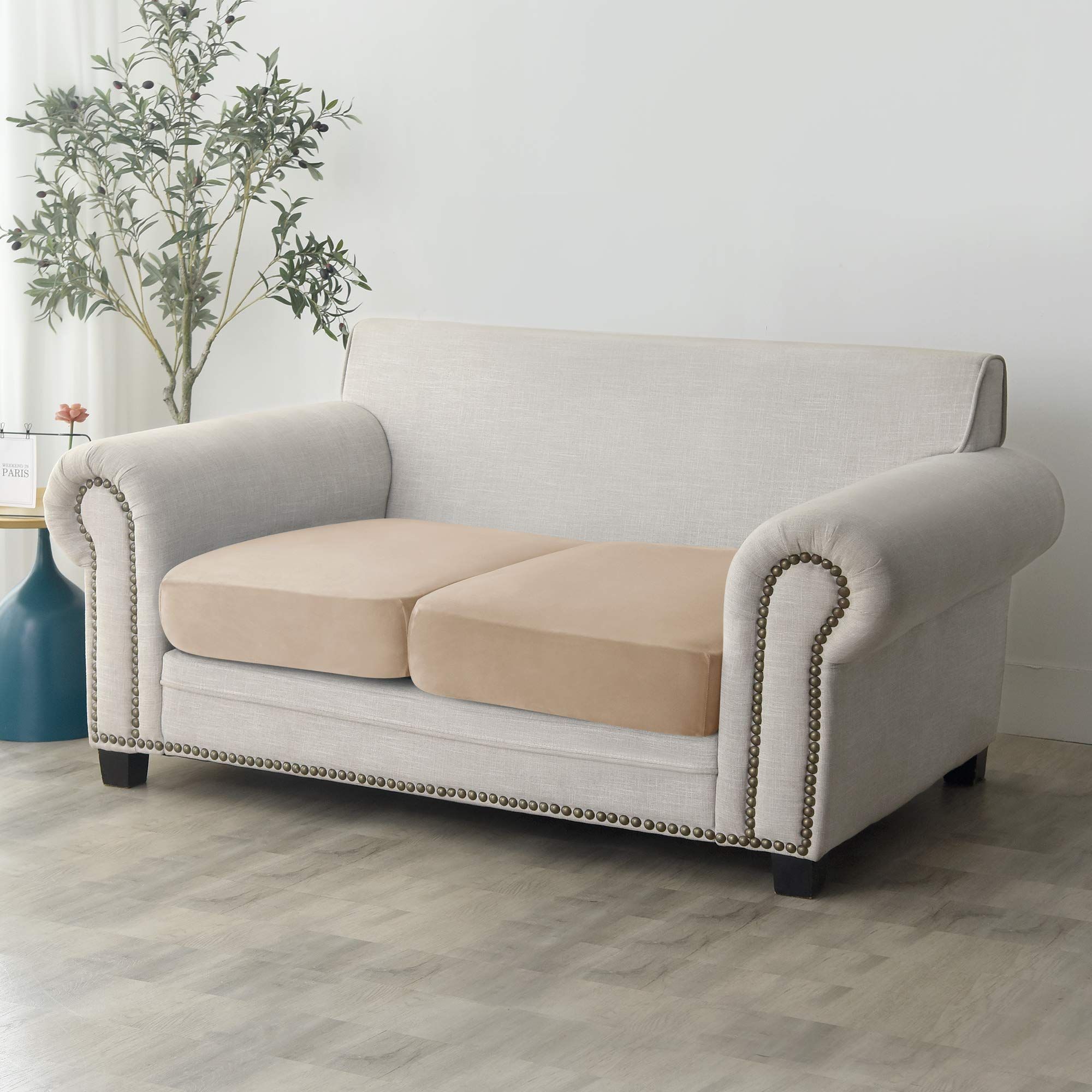 2 pack Stretch Cushion Cover, Couch Cushion Slipcover Sofa Seat Covers Furniture Protector with Elastic Bottom (Beige Gray, 2) - Image 2
