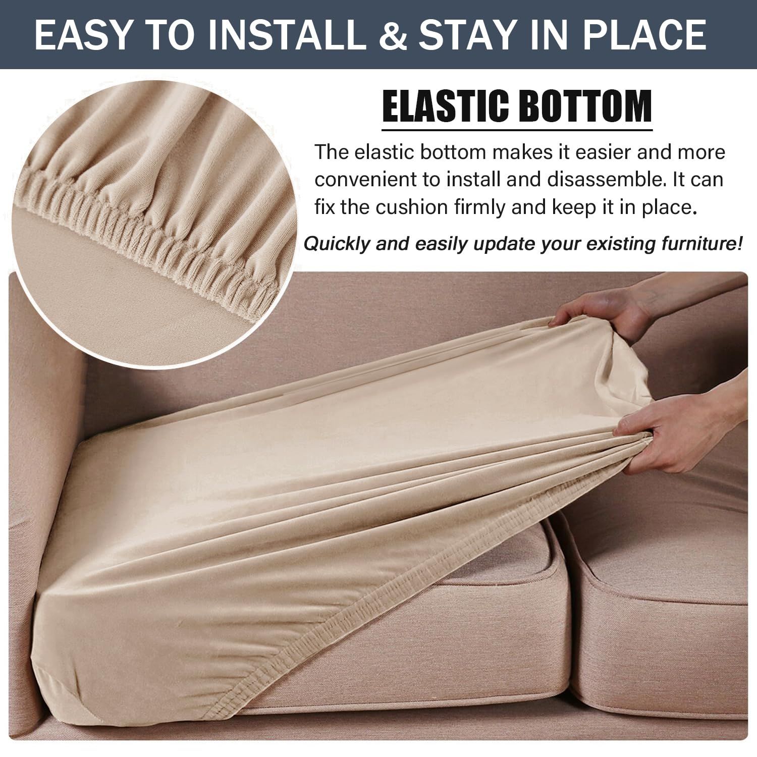 2 pack Stretch Cushion Cover, Couch Cushion Slipcover Sofa Seat Covers Furniture Protector with Elastic Bottom (Beige Gray, 2) - Image 4