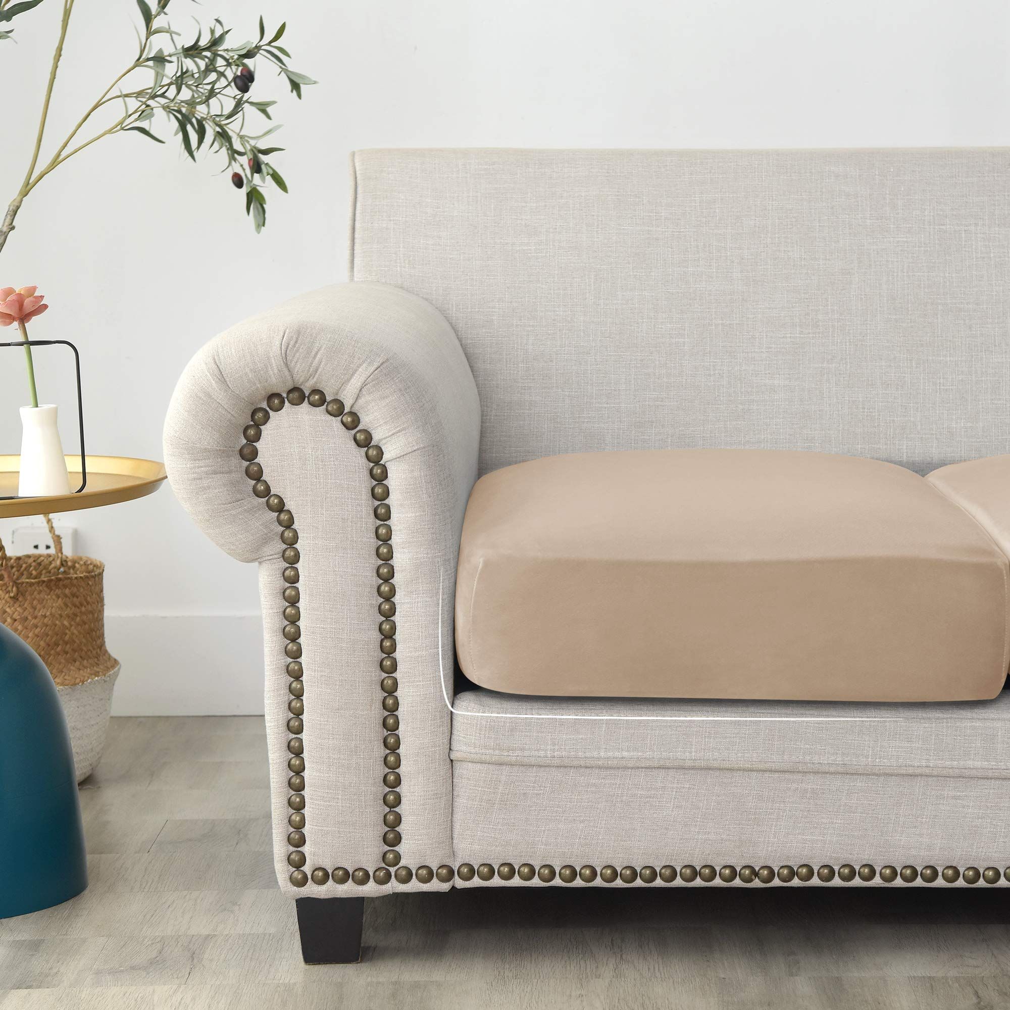 2 pack Stretch Cushion Cover, Couch Cushion Slipcover Sofa Seat Covers Furniture Protector with Elastic Bottom (Beige Gray, 2) - Image 5
