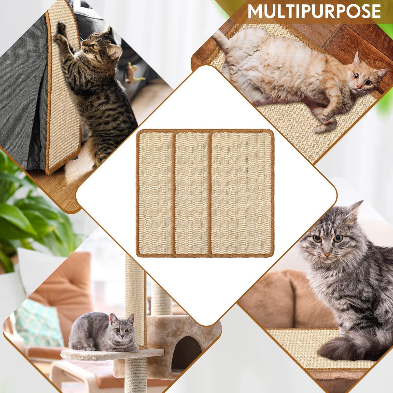 3 Packs Cat Scratching Mat, 15.7 x 11.8 Inch Natural Sisal Cat Scratch Pad Mats for Indoor Cats, Horizontal Cats Wall Scratcher Kitten Floor Rug, Furniture Protector - Image 5
