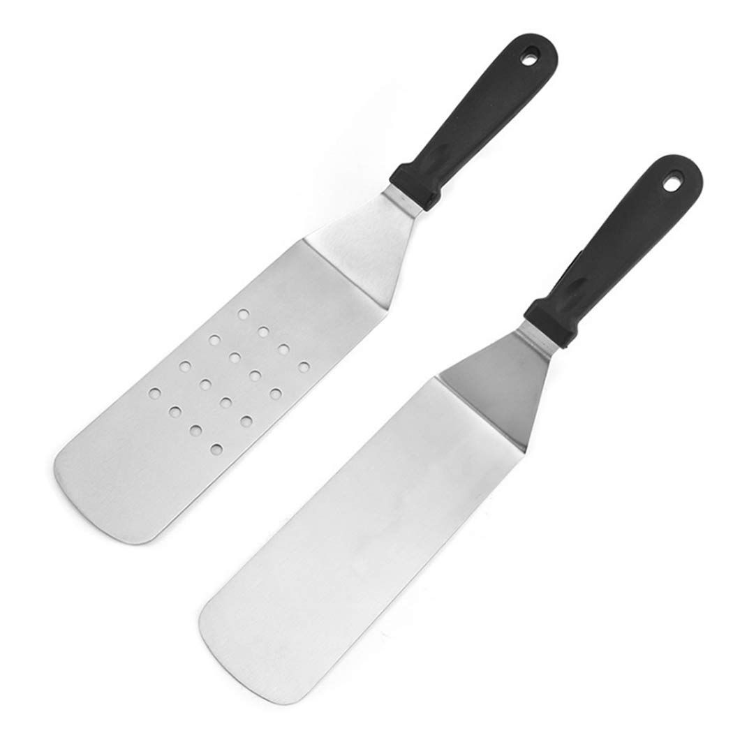 2 PCS Stainless Steel Dry Pan Teppanyaki, Slotted Spatula Handle Flexible Grill Turner/Spatula Black Plastic Handle - Image 1