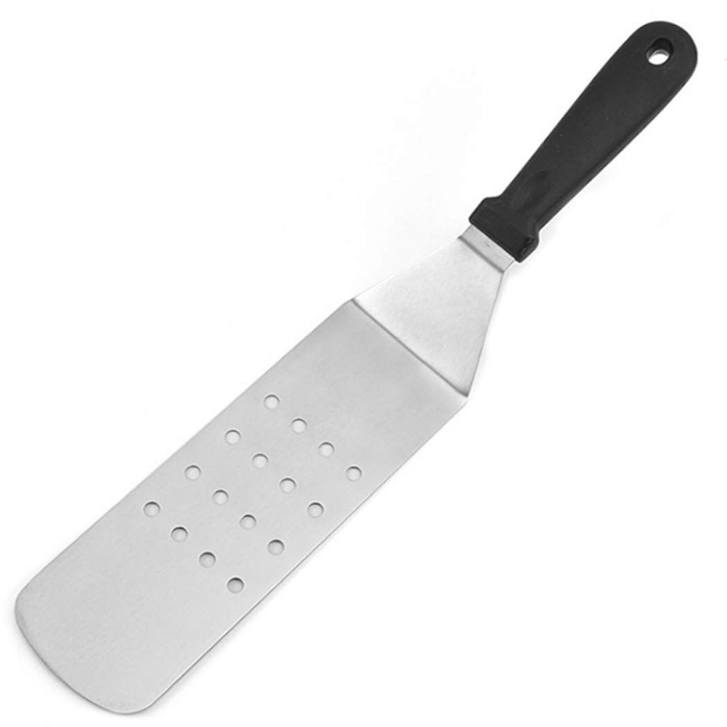 2 PCS Stainless Steel Dry Pan Teppanyaki, Slotted Spatula Handle Flexible Grill Turner/Spatula Black Plastic Handle - Image 2