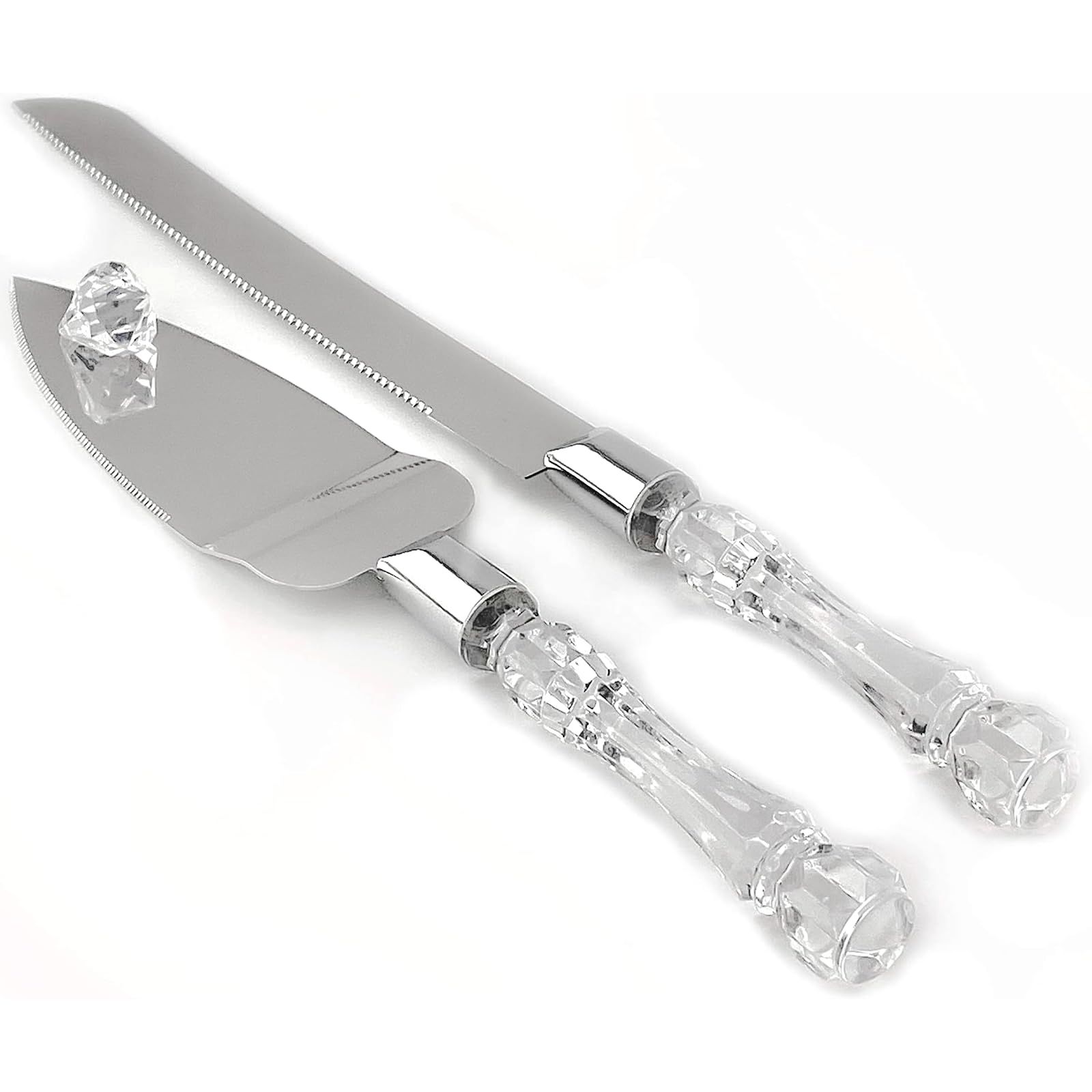 2 set Elegant Cake Knife and Server Set Stainless Steel with Crystal Handle - Perfect for Weddings Anniversaries,and Special Celebrations (Sliver)（Two knives and shovels） - Image 1