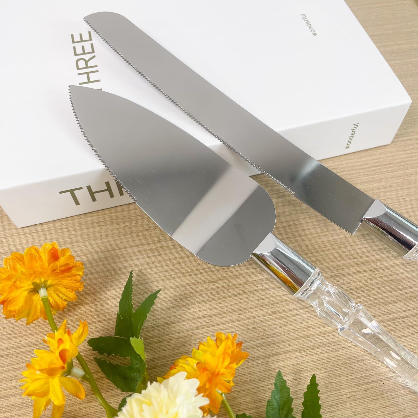 2 set Elegant Cake Knife and Server Set Stainless Steel with Crystal Handle - Perfect for Weddings Anniversaries,and Special Celebrations (Sliver)（Two knives and shovels） - Image 3