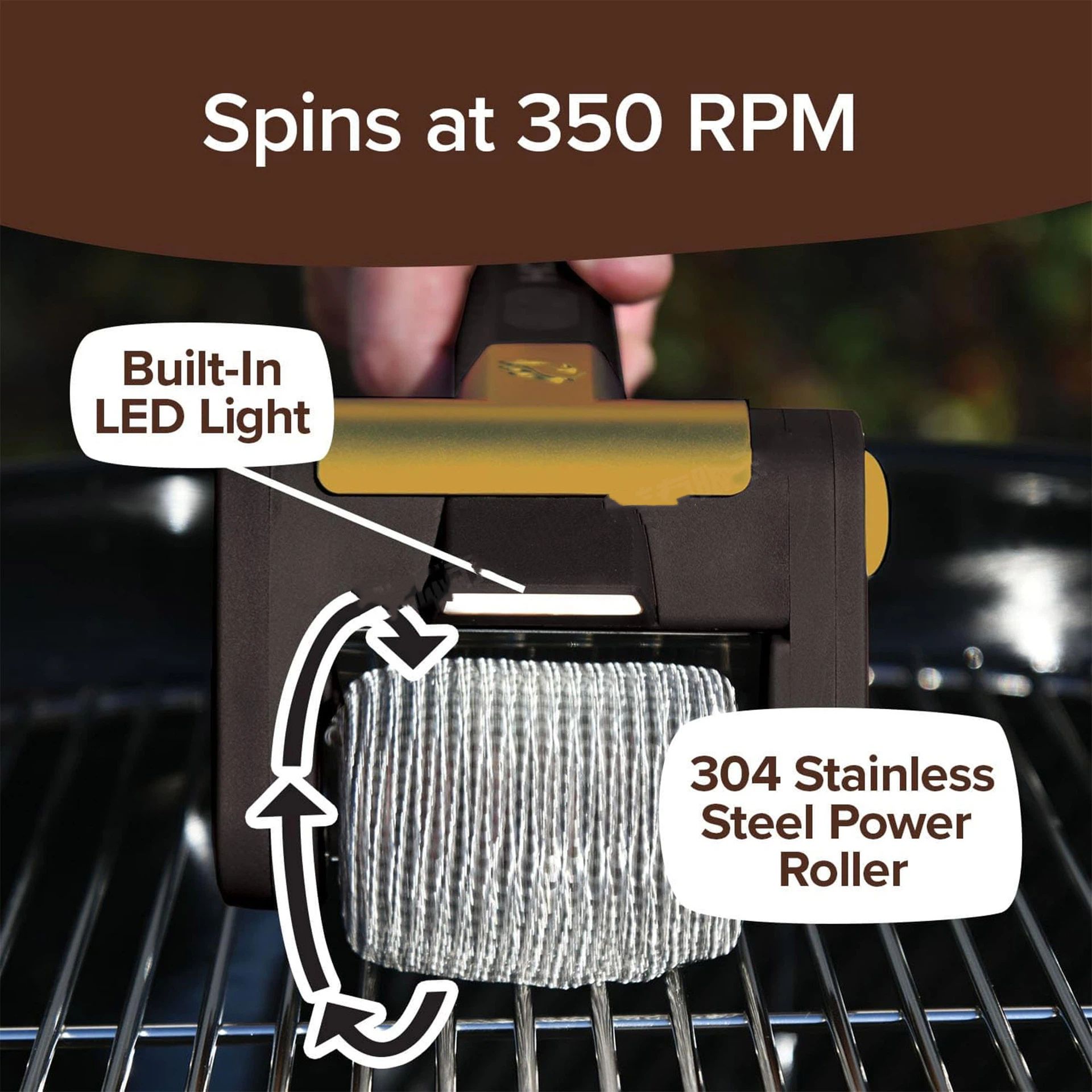 Electric Grill Cleaner Bristle Free – Cordless, Rechargeable BBQ Grill Brush with 350 RPM Stainless Roller, LED Light, Dishwasher-Safe for Gas/Charcoal Grills - Image 3