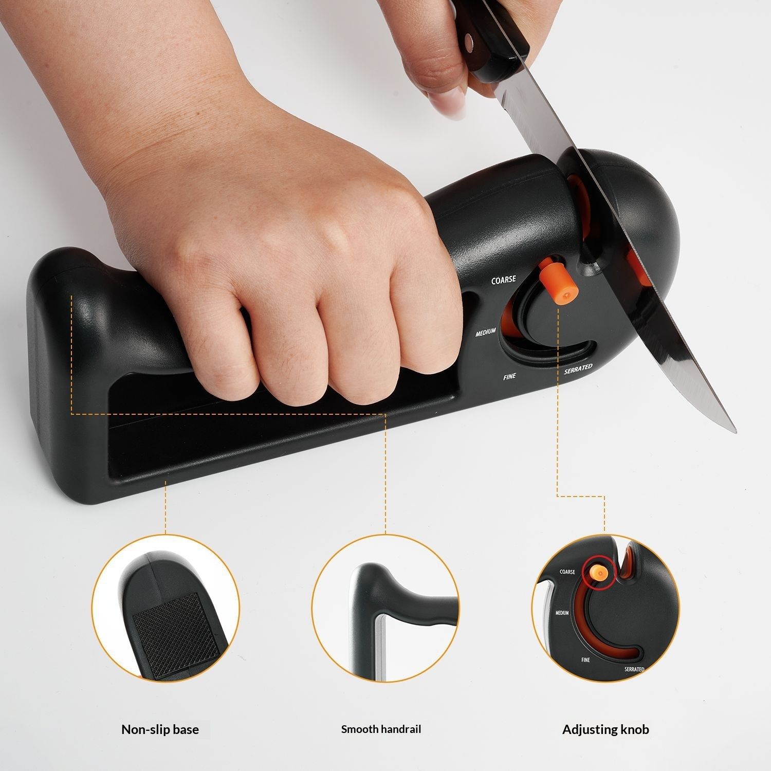 Orange 4-Stage Knife Sharpener & Serrated Knife Sharpener– Repairs, Sharpens & Polishes Blades with Ergonomic Non-Slip Grip - Image 3