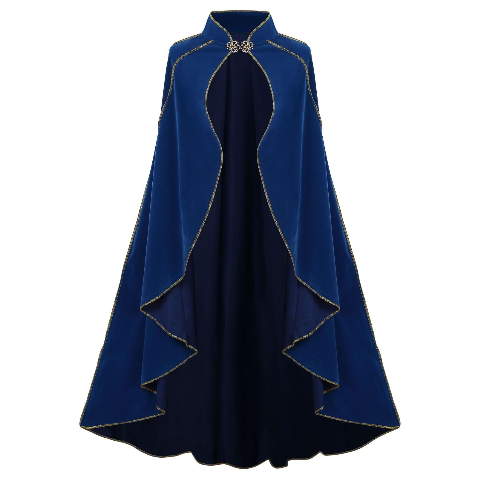 Women's Medieval Cloak Stand Collar Deluxe Velvet Gold Trim Cape for Adult（110cm blue）Renaissance Cloak with Hood Women Medieval Hooded Cape with Arm Holes for Halloween - Image 1