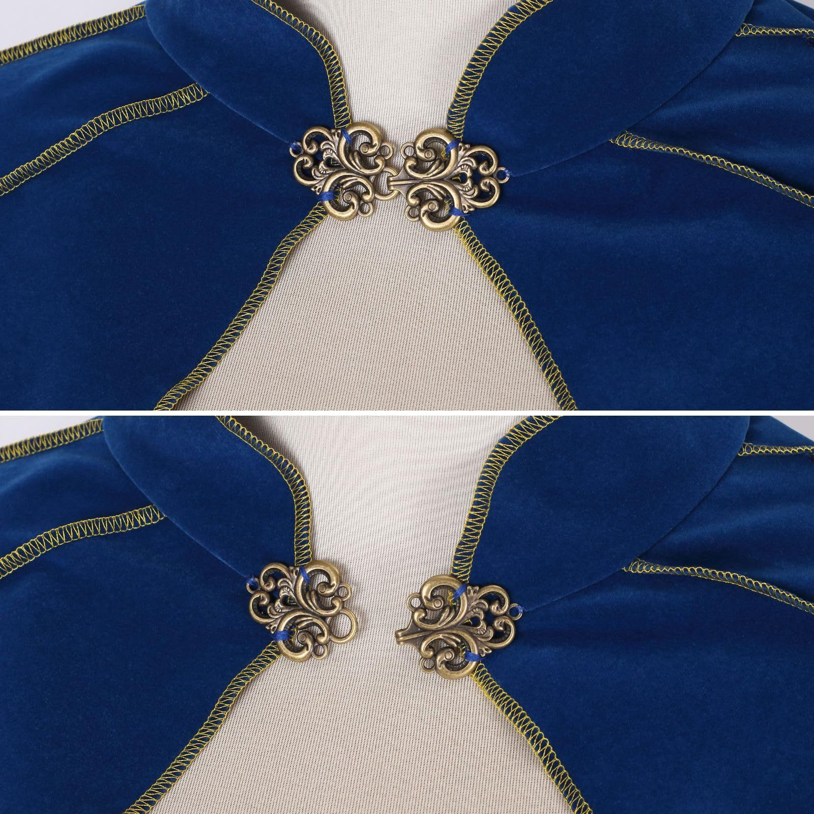 Women's Medieval Cloak Stand Collar Deluxe Velvet Gold Trim Cape for Adult（110cm blue）Renaissance Cloak with Hood Women Medieval Hooded Cape with Arm Holes for Halloween - Image 3