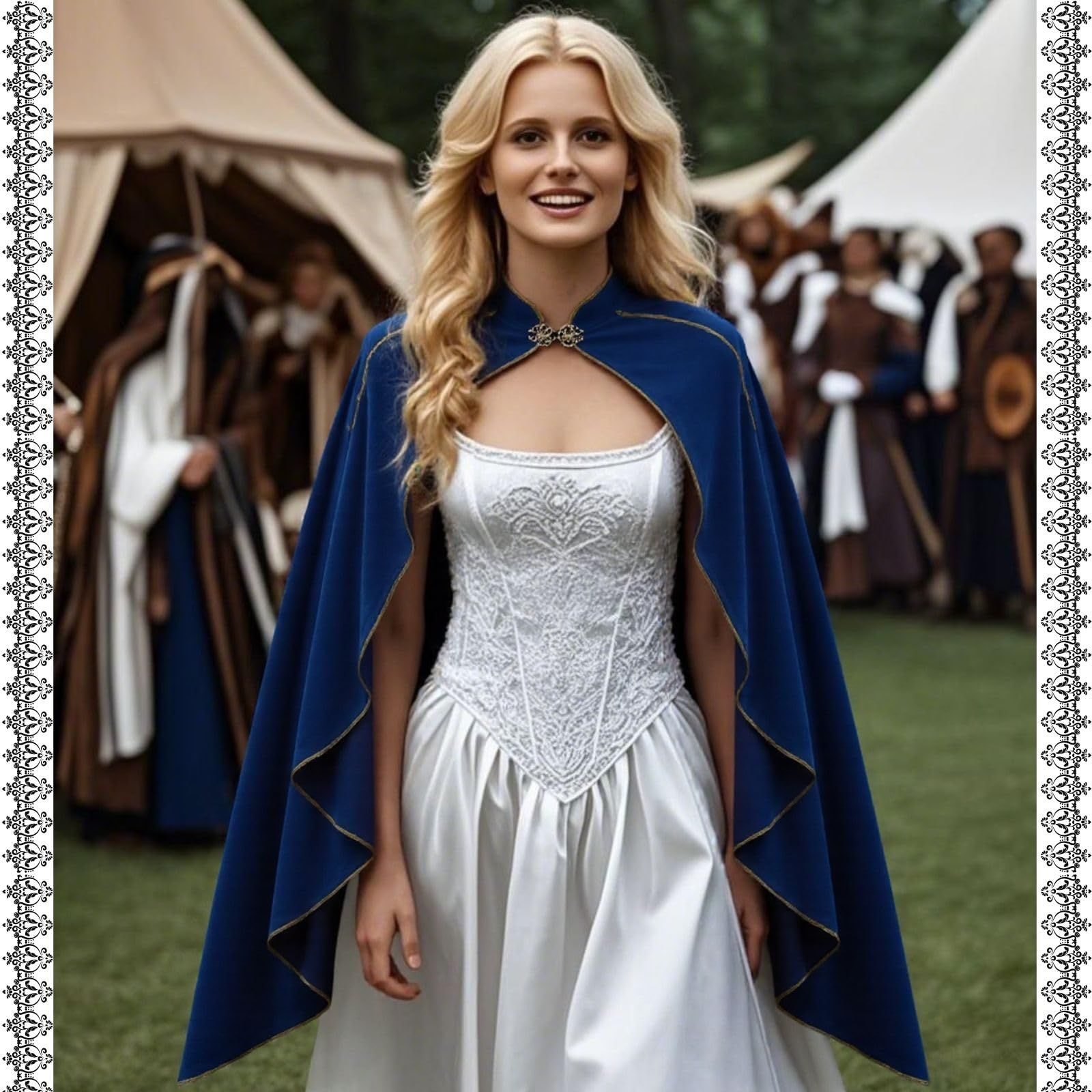Women's Medieval Cloak Stand Collar Deluxe Velvet Gold Trim Cape for Adult（110cm blue）Renaissance Cloak with Hood Women Medieval Hooded Cape with Arm Holes for Halloween - Image 5