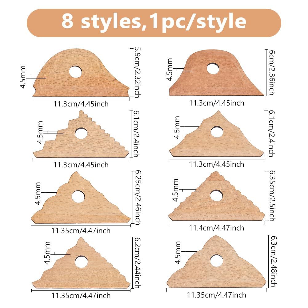 Triangle Pottery Ribs & Trimming Tools | Shaper Tools | 6 Clay Texture Ribs | Solid Beech Wood | 8-Pack - Image 5