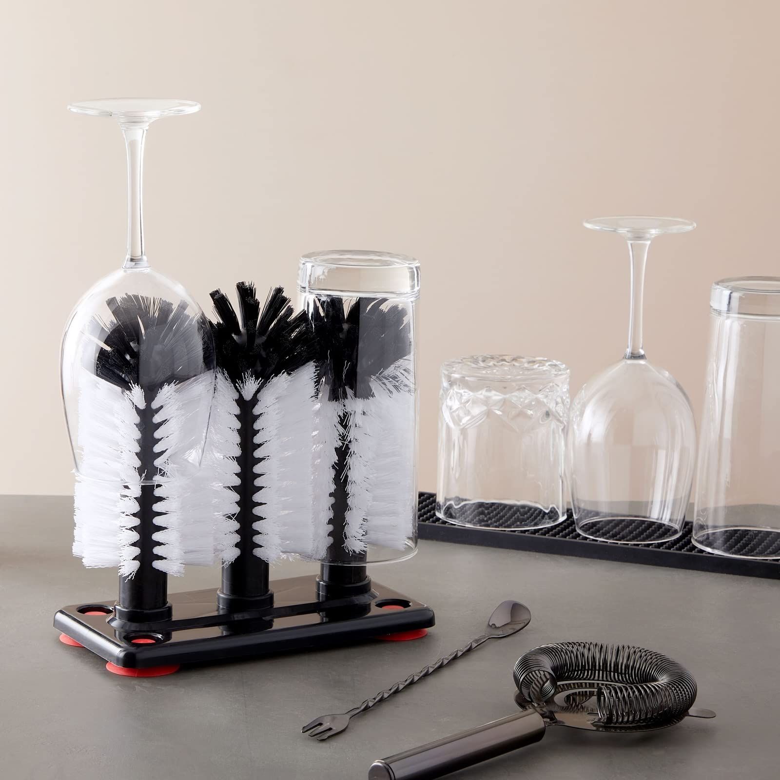 Glass Washer Brush Cleaner - 3 Brushes per Base Bristle Brush for Beer Cup, Long Leg Cup, Red Wine Glass & More Bar Kitchen Sink Home Tools - Image 2