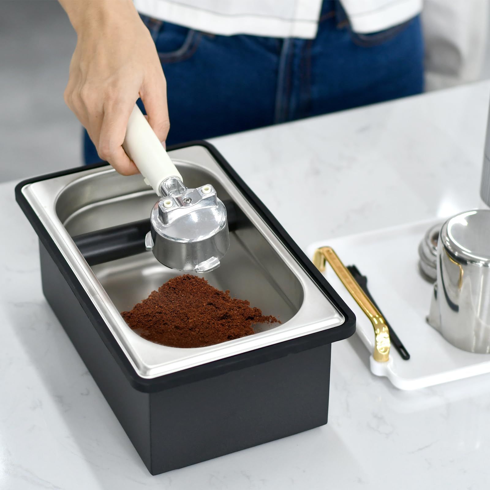 Espresso Knock Box,Stainless Steel Coffee Pucks Container, with Steel Holder and Noise Reduction Rubber Ring - Image 3