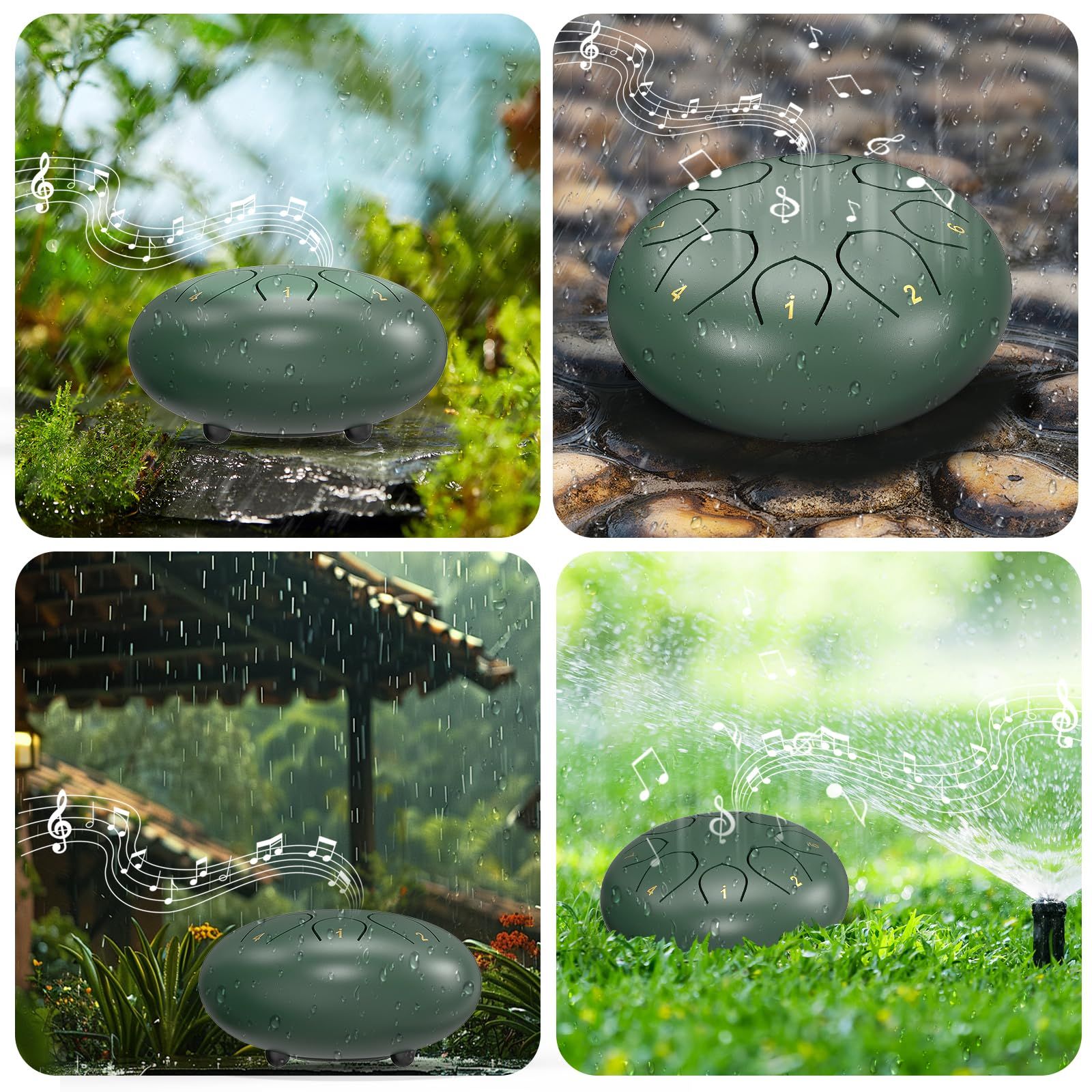 Rain Drum for Outside Garden, 6 Inches 8 Notes Steel Tongue Chakra Drums, Waterproof Meditation Rain Chime, Musical Instruments for Adult Gift with Bag, Music Book, Drum Mallets (Green) - Image 2