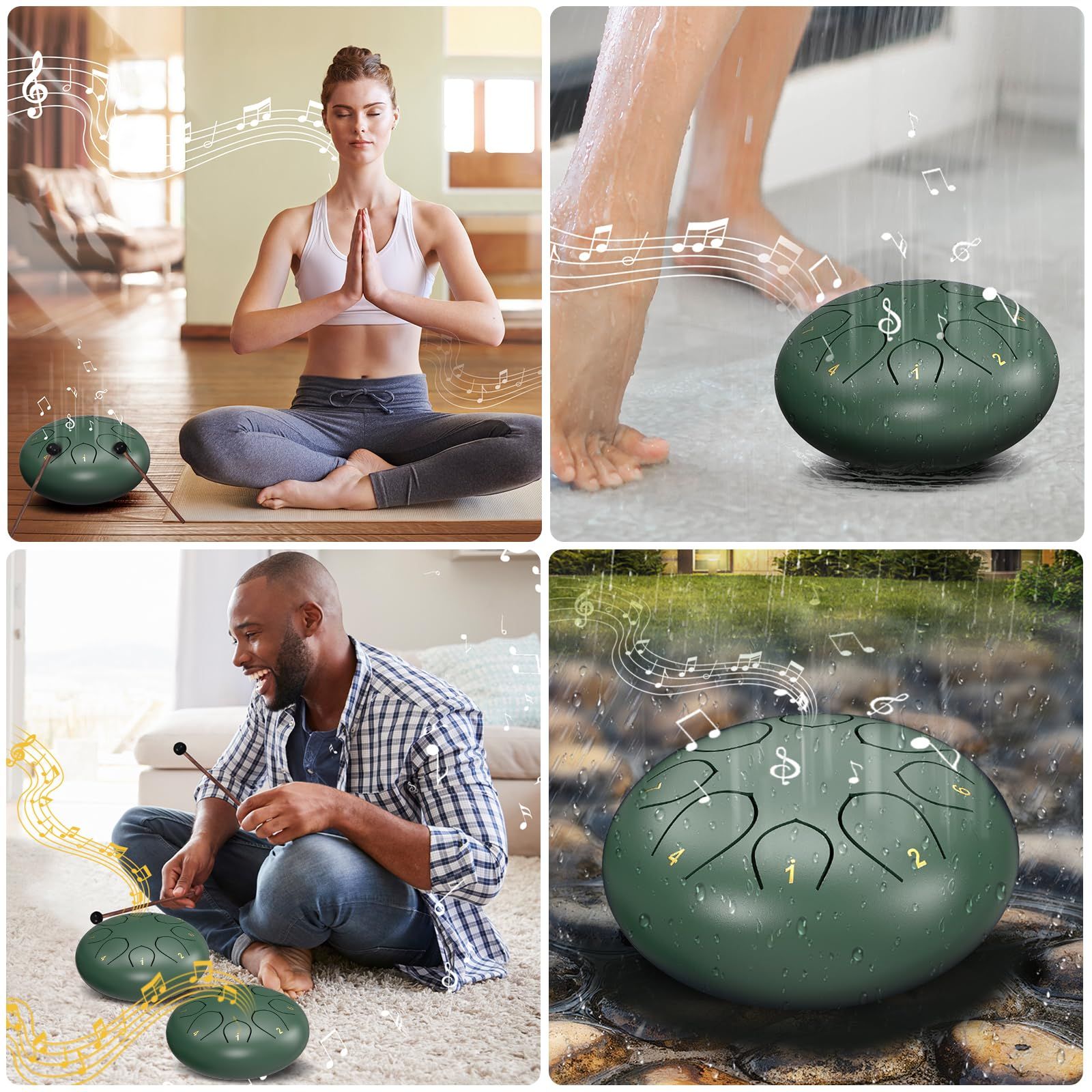 Rain Drum for Outside Garden, 6 Inches 8 Notes Steel Tongue Chakra Drums, Waterproof Meditation Rain Chime, Musical Instruments for Adult Gift with Bag, Music Book, Drum Mallets (Green) - Image 4