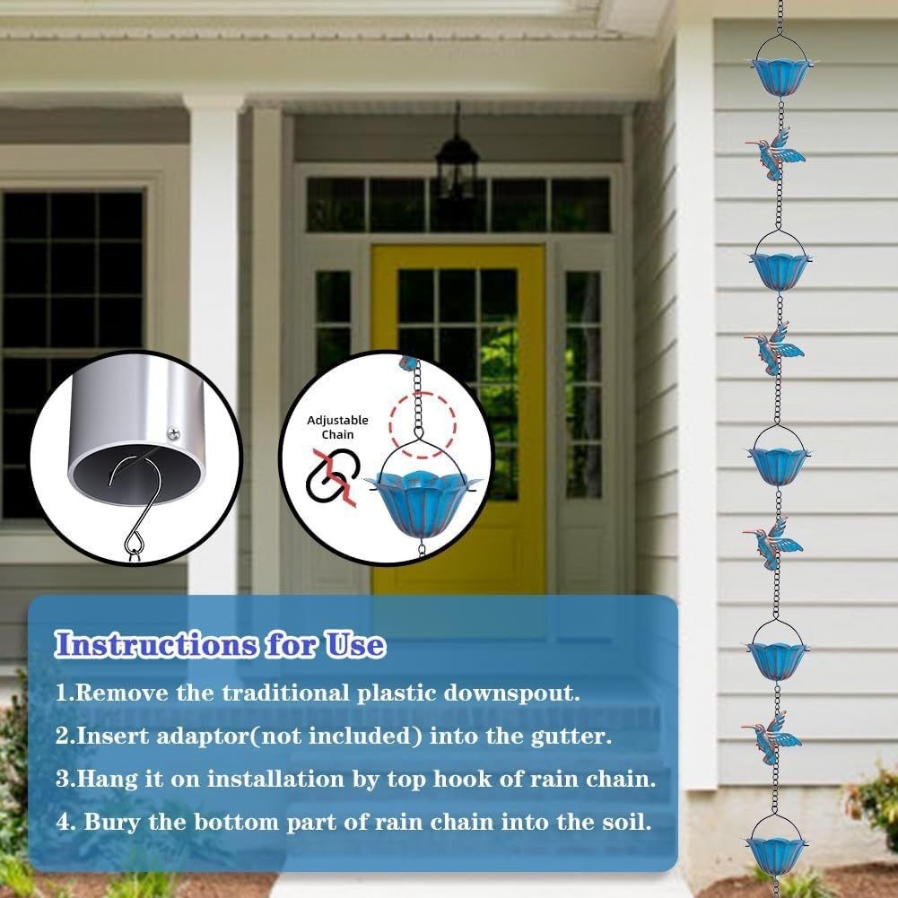 2.4M Rain Chain, Hummingbird Rain Chains for Outside, Copper Rain Chain Bell Decorative Rain Catcher Chain Replacement Downspout for Gutters - Image 5