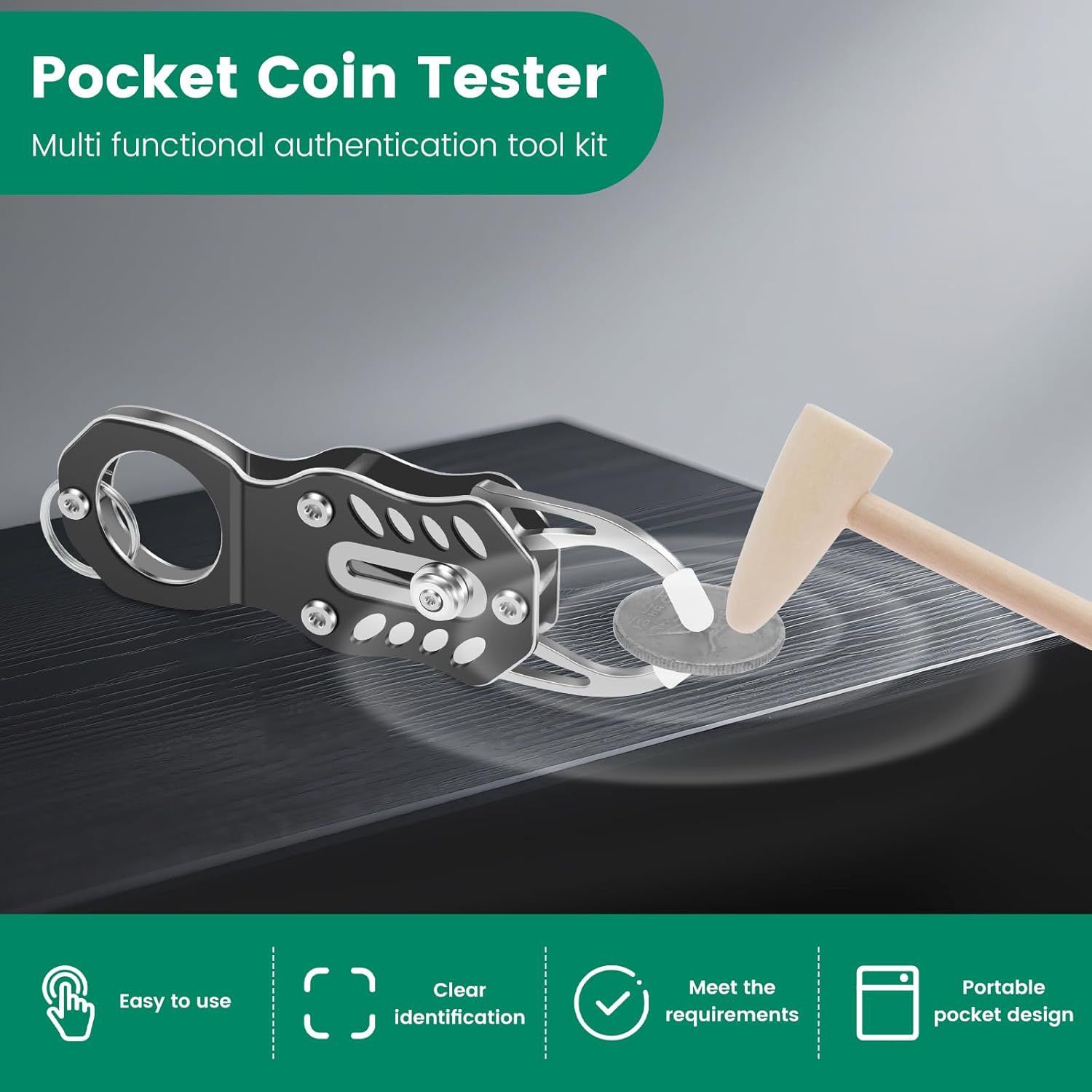 The Pocket Coin Tester Kit, Gold & Silver Coin Testing- Coin Validation via Ping Resonance Testing and Size Comparison, Portable Convenience & Technical Specifications Style. - Image 3