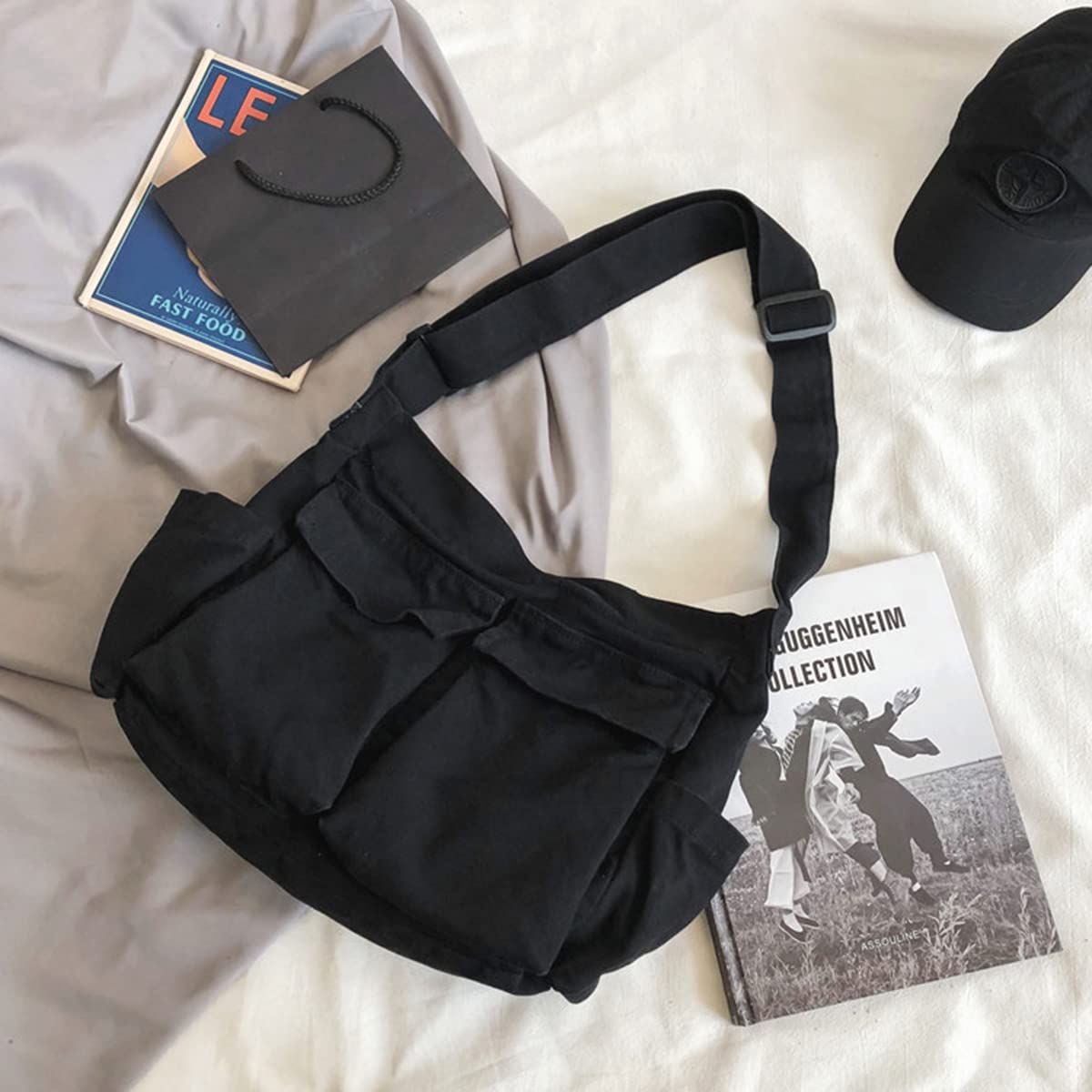 Aesthetic Cute Messenger Bag for School Vintage Black Canvas Crossbody for Women Shoulder Laptop Bag - Image 2
