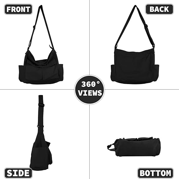 Aesthetic Cute Messenger Bag for School Vintage Black Canvas Crossbody for Women Shoulder Laptop Bag - Image 4