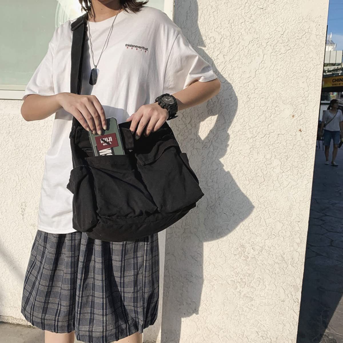 Aesthetic Cute Messenger Bag for School Vintage Black Canvas Crossbody for Women Shoulder Laptop Bag - Image 5