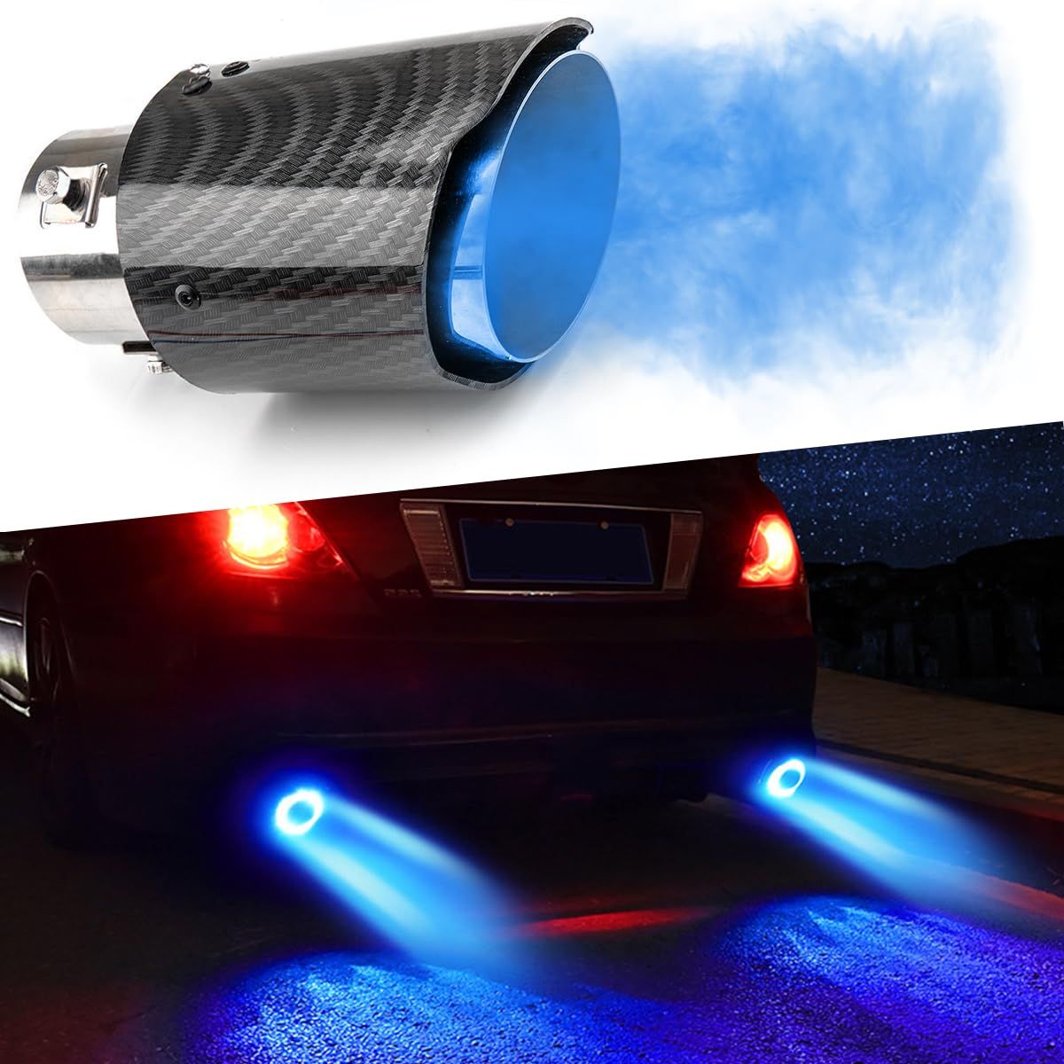 LED Exhaust Tip Tailpipe Tip Straight Carbon Fiber Style Bolt Clamp On for Cars LED Light Car Exhaust Muffler Tip Modification Luminous Tube (Blue-Straight Style) - Image 4