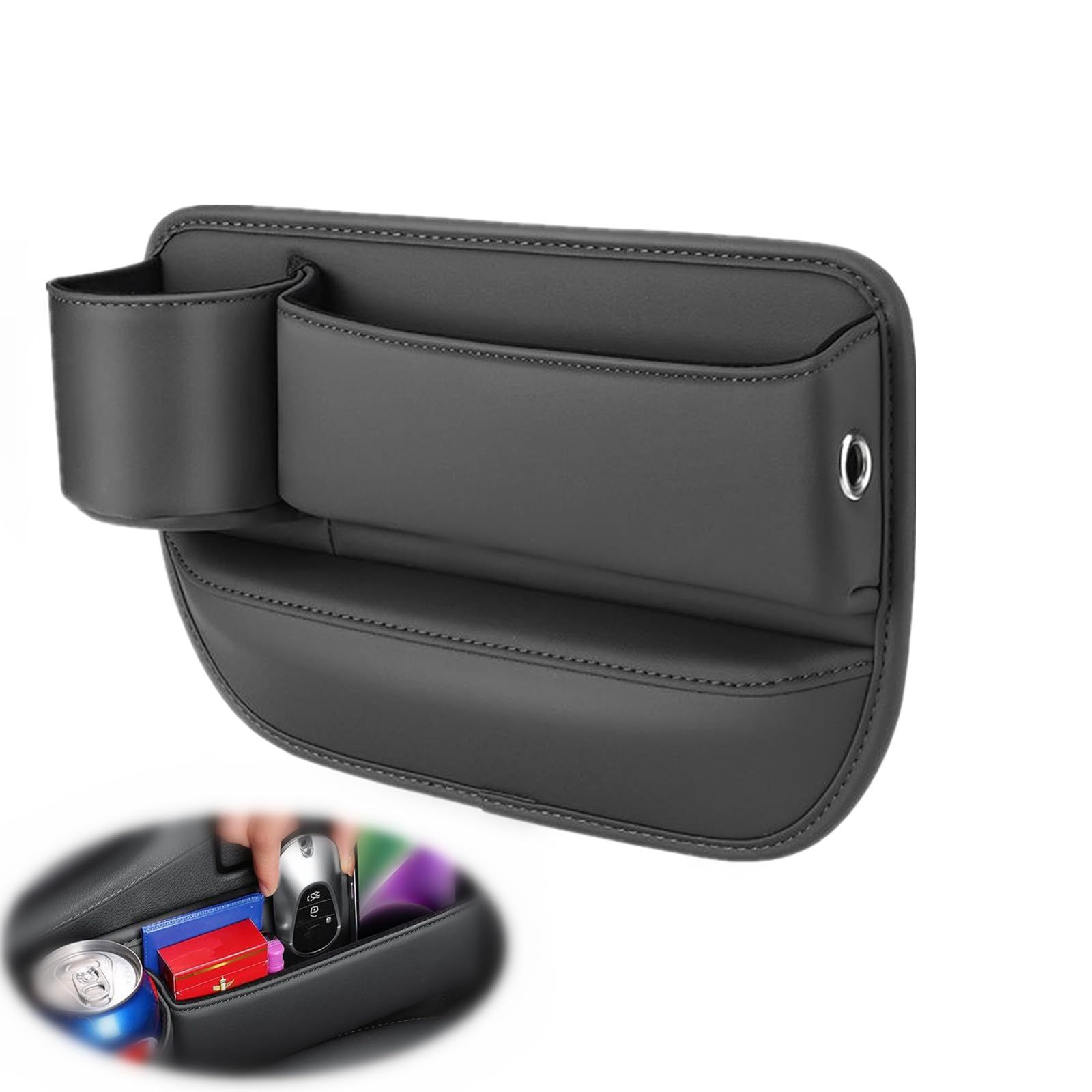 Car Leather Cup Holder Gap Bag, Car Storage Box with Cup Holder,Seat Storage Box Gap Filler Organizer for Glasses Phone Keys and Cards (Black, Driver's Seat) - Image 2