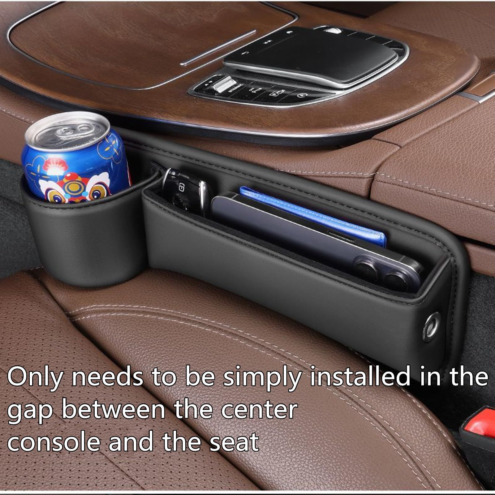 Car Leather Cup Holder Gap Bag, Car Storage Box with Cup Holder,Seat Storage Box Gap Filler Organizer for Glasses Phone Keys and Cards (Black, Driver's Seat) - Image 3