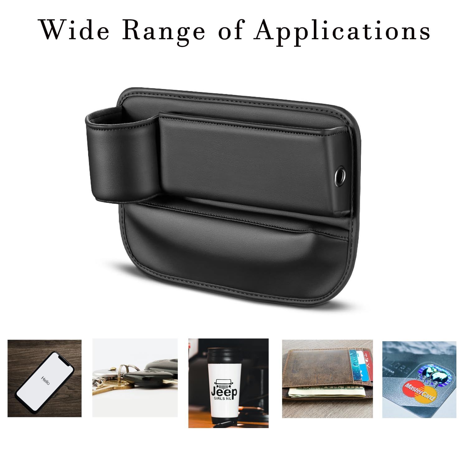 Car Leather Cup Holder Gap Bag, Car Storage Box with Cup Holder,Seat Storage Box Gap Filler Organizer for Glasses Phone Keys and Cards (Black, Driver's Seat) - Image 5