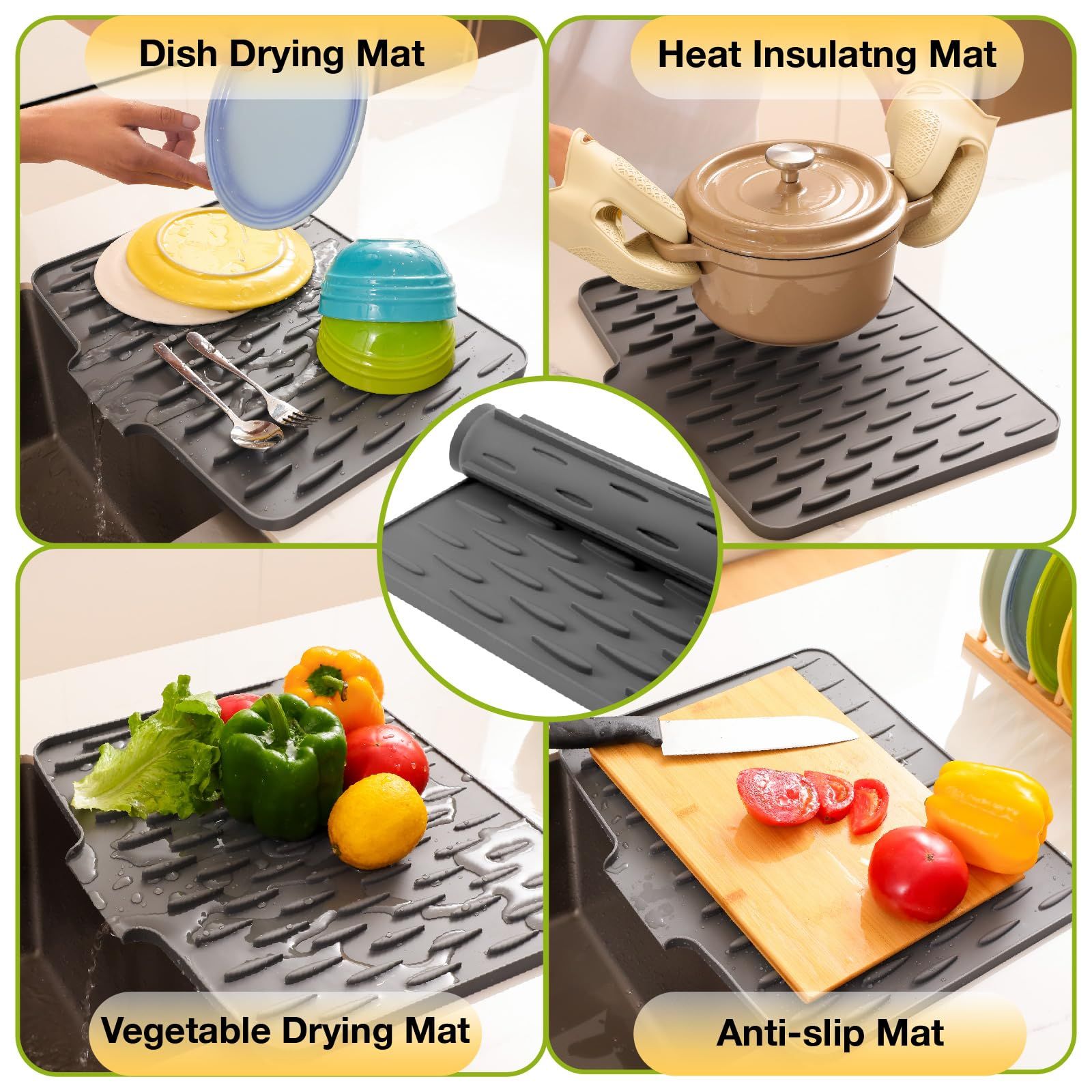 Dish Drying Mat with Board Drain, Heat Resistant Drying Matt Kitchen Counter & Silicone Dish Drying Mat, Quick-Dry Dish Drying Pad That Protects Countertops and Is Easy to Clean.( Grey) - Image 2