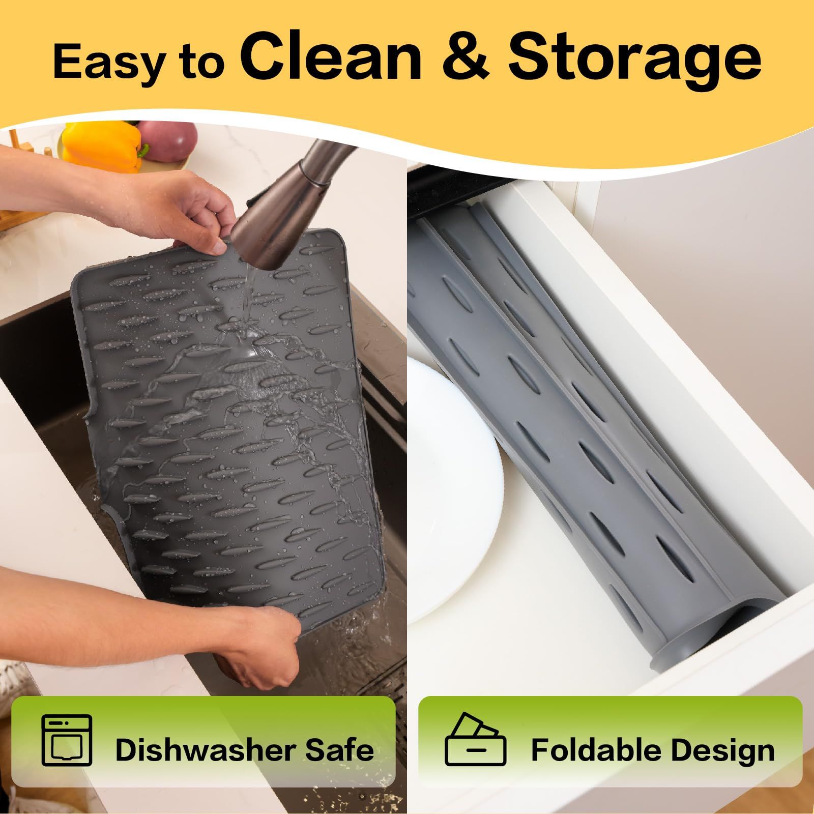 Dish Drying Mat with Board Drain, Heat Resistant Drying Matt Kitchen Counter & Silicone Dish Drying Mat, Quick-Dry Dish Drying Pad That Protects Countertops and Is Easy to Clean.( Grey) - Image 4